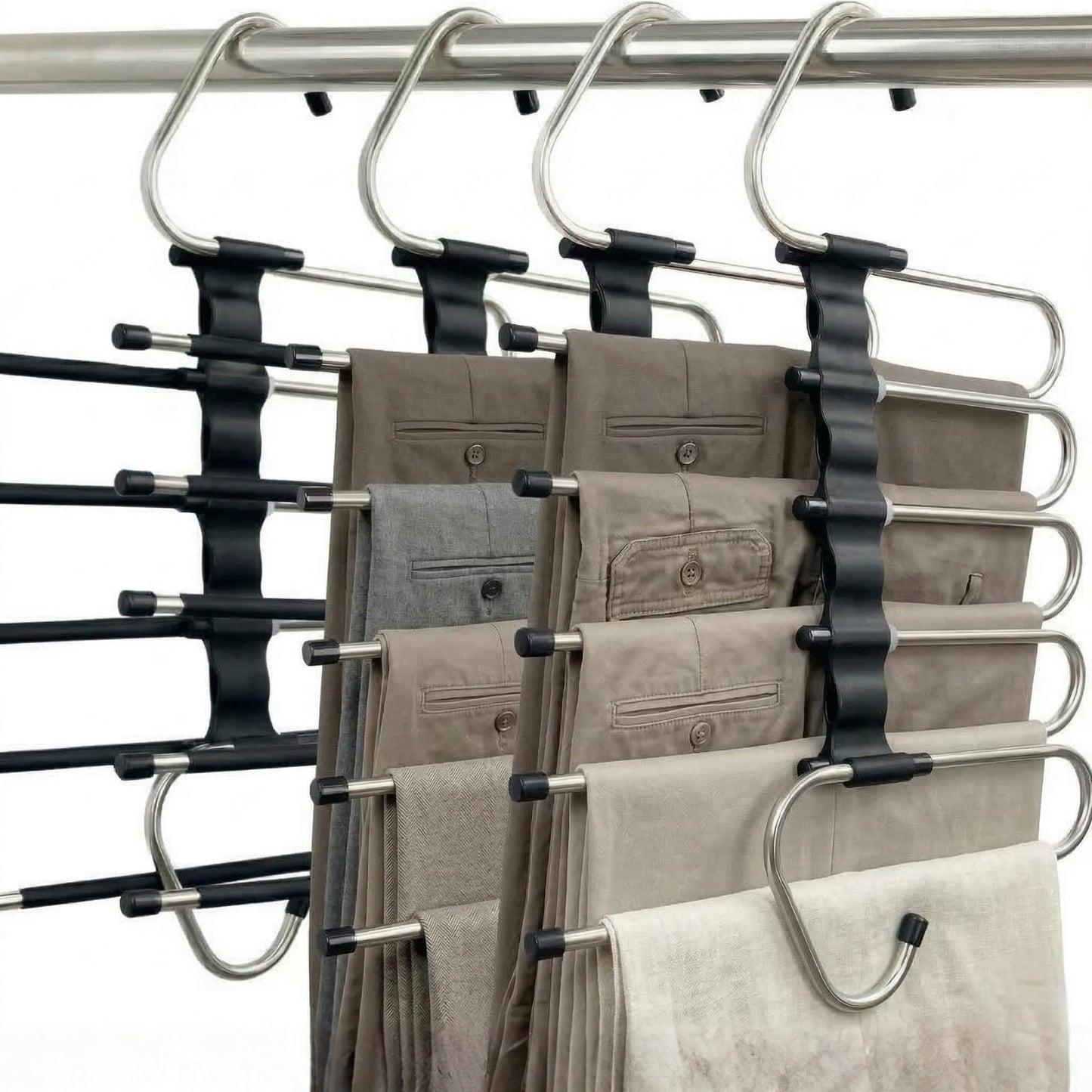 Pants Hangers Space Saving, 5 Tier Jeans Hanger for Closet, Black Multiple Heavy Duty Stainless Steel Pant Rack for Trousers, Legging with 10 Clips (4 Pack)