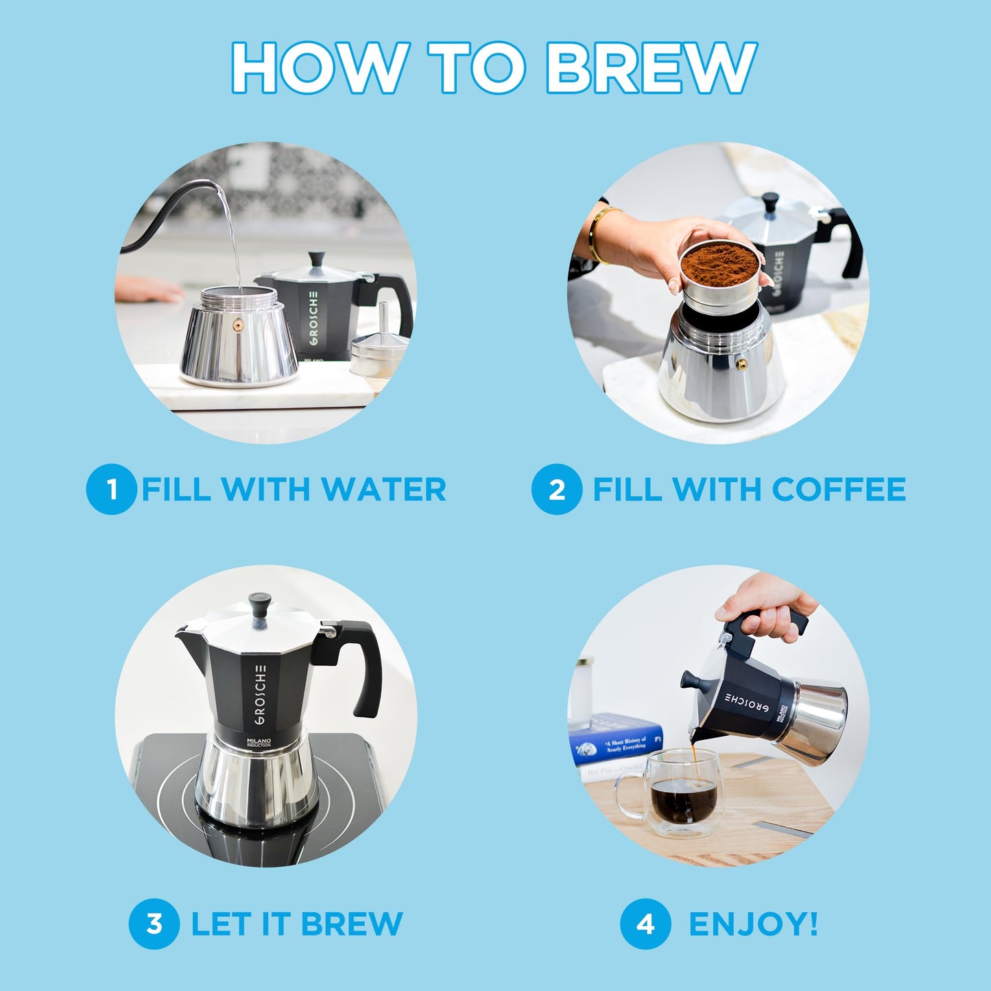 GROSCHE Milano Induction Stovetop Espresso Maker Moka Pot for Greca, Induction, Electric & Gas Stoves, Stovetop Espresso Maker, Canadian Brand! | 6 Espresso Cup, Black