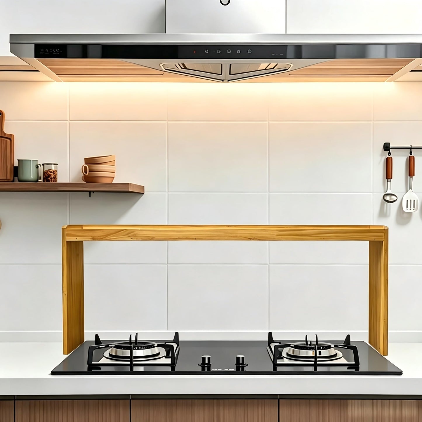 SEAHIXUSS - Bamboo Wood Over The Stove Shelf for Kitchen Storage, 31.5 Inch Spice Organizer Rack, Stove Top Shelf with 6 Hooks, Countertop