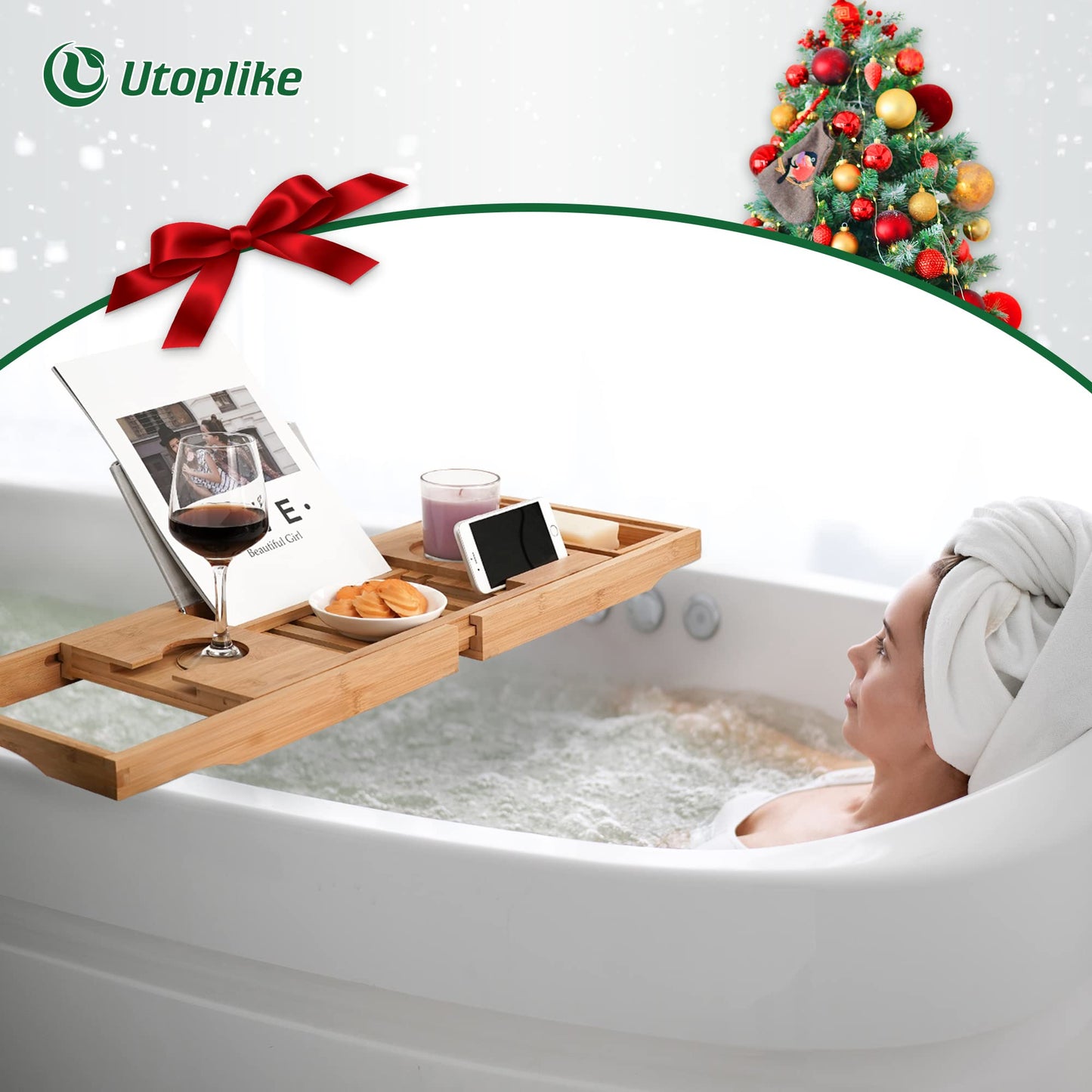 Utoplike Bathtub Caddy Tray, Bamboo Tub Tray with Sliding Towel Holder, Bath Table with Book Holder, Phone Stand and Adjustable Book Reading Rack, Tablet Slots