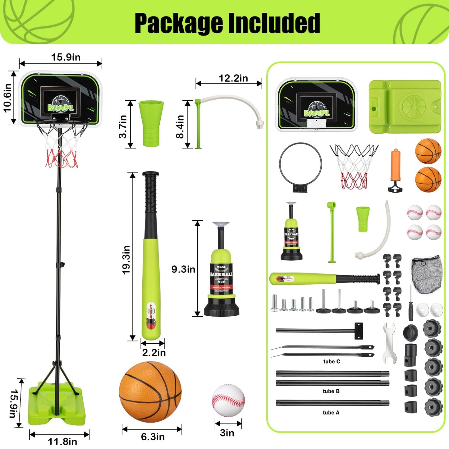 4 in 1 Kids Basketball Hoop and Tball Set for Kids 3-5, Adjustable Height Toddler Basketball Hoop, Hanging Tee Baseball with Automatic Pitching Toddler Birthday Gift Outdoor Toys for 3-12 Years Old