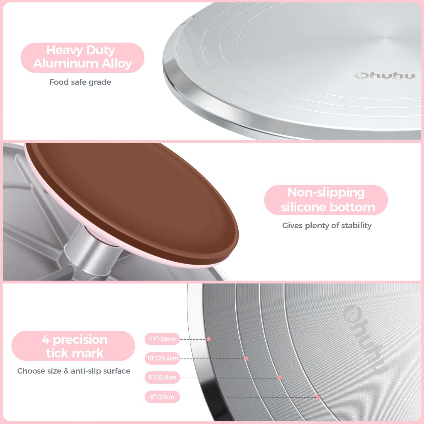 Ohuhu 12 Inch Cake Turntable - 360° Rotating Aluminum Cake Stand Decorating Kit with 2 Icing Spatulas & 3 Smoother Tools, Professional Baking Supplies for Home, Parties, Picnics, Gift for Mother