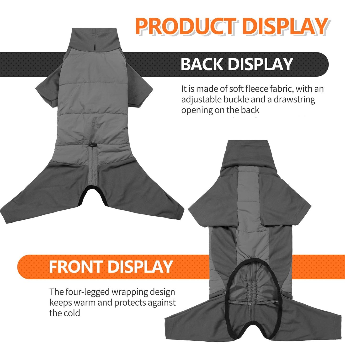 BRKURLEG Full Body Dog Winter Coat Warm Fleece Pullover Pajamas, Four Legs Covered Windproof Dog Jacket for Small to Large Dogs, Turtleneck Dogs Snowsuit, Pet Cold Weather Clothes, Grey M