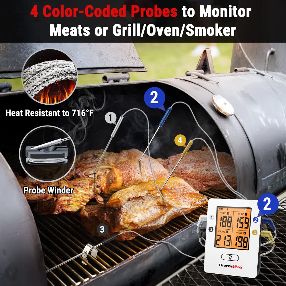 ThermoPro TP25 650 ft Bluetooth Meat Thermometer with 4 Probes, Smart Rechargeable Wireless Meat Thermometer for Grilling, Smoker, Oven, Kitchen, BBQ Thermometer with Alarm, Temperature Graph