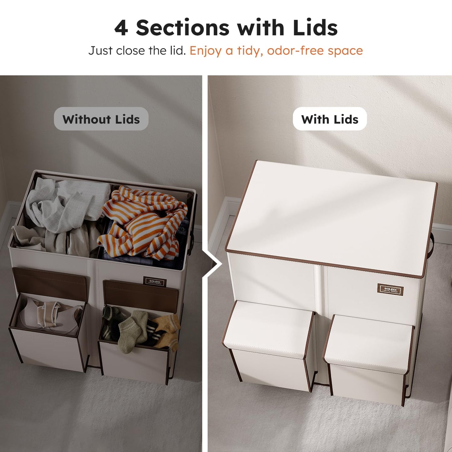 SOLEDI 180L 4-Section Laundry Hamper with Lid,Dirty Clothes Hamper with Removable Bag,Large Laundry Basket 2 Section with 2 Side Pockets,Collapsible,Easy to Carry,for Laundry Room,Bedroom,Light Beige