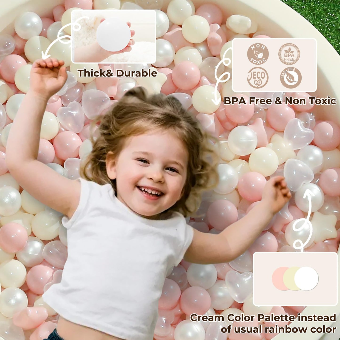Ball Pit Balls 100 Balls for Toddlers, Crush Proof Plastic Children's Toy Balls Macaron Ocean Balls for Birthday Parties Games Pool, Pink+Beige+Pearl White+Clear Mix Shapes