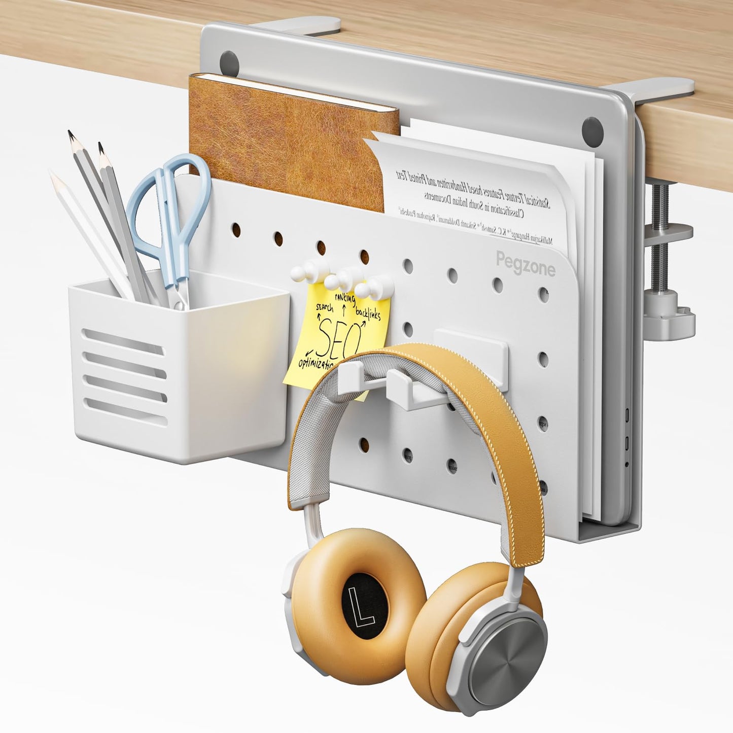 PEGZONE Desk Side Storage Organizer, No Drill Under Desk Laptop Holder, Clamp on Desks Shelf with Pegboard Accessories, Hanging Laptop Mount, Fits Flat Edge 0.4" to 2.2", White