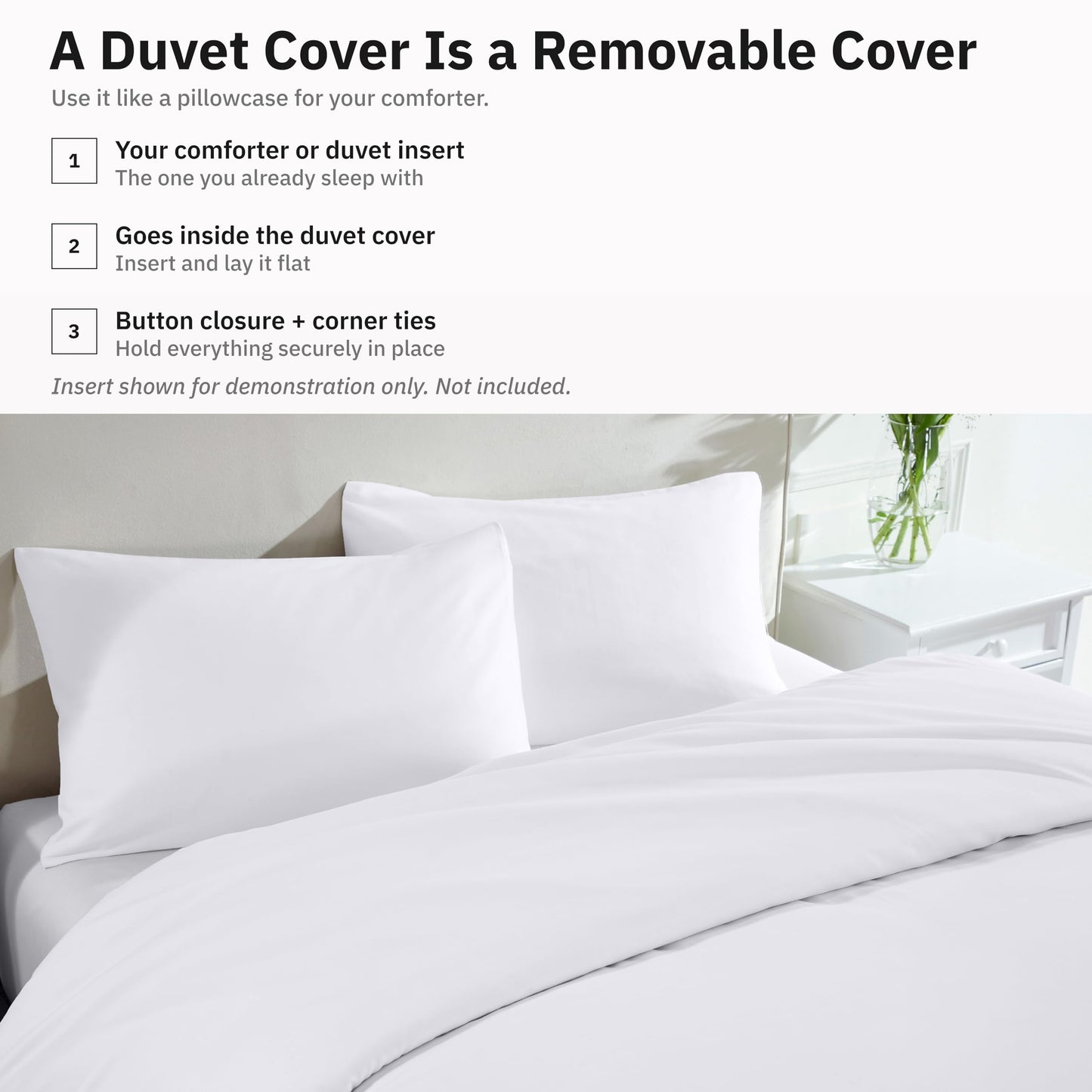 California Design Den 3-Pc Queen Size Duvet Cover Set, 400 Thread Count Sateen 100% Cotton Comforter Cover and Two Pillow Shams Bedding Set, Button Closure, Corner Ties (White, Queen)