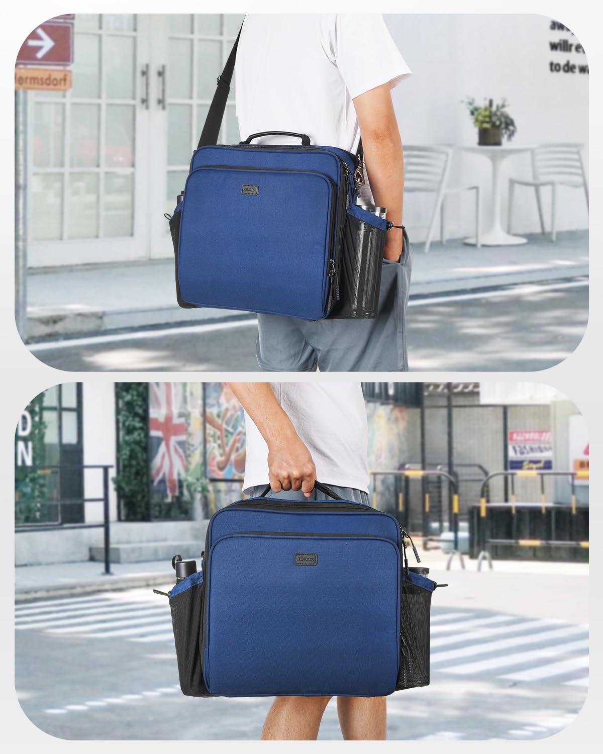 HINOOR 3 Inch 3-Ring Zipper Binder with Water Bottle Holder, D-Ring Zip Up Binder with Shoulder Strap, 700 Sheet Capacity, Compatible with 13" MacBook/Tablet, for School, Office (Dark Blue)