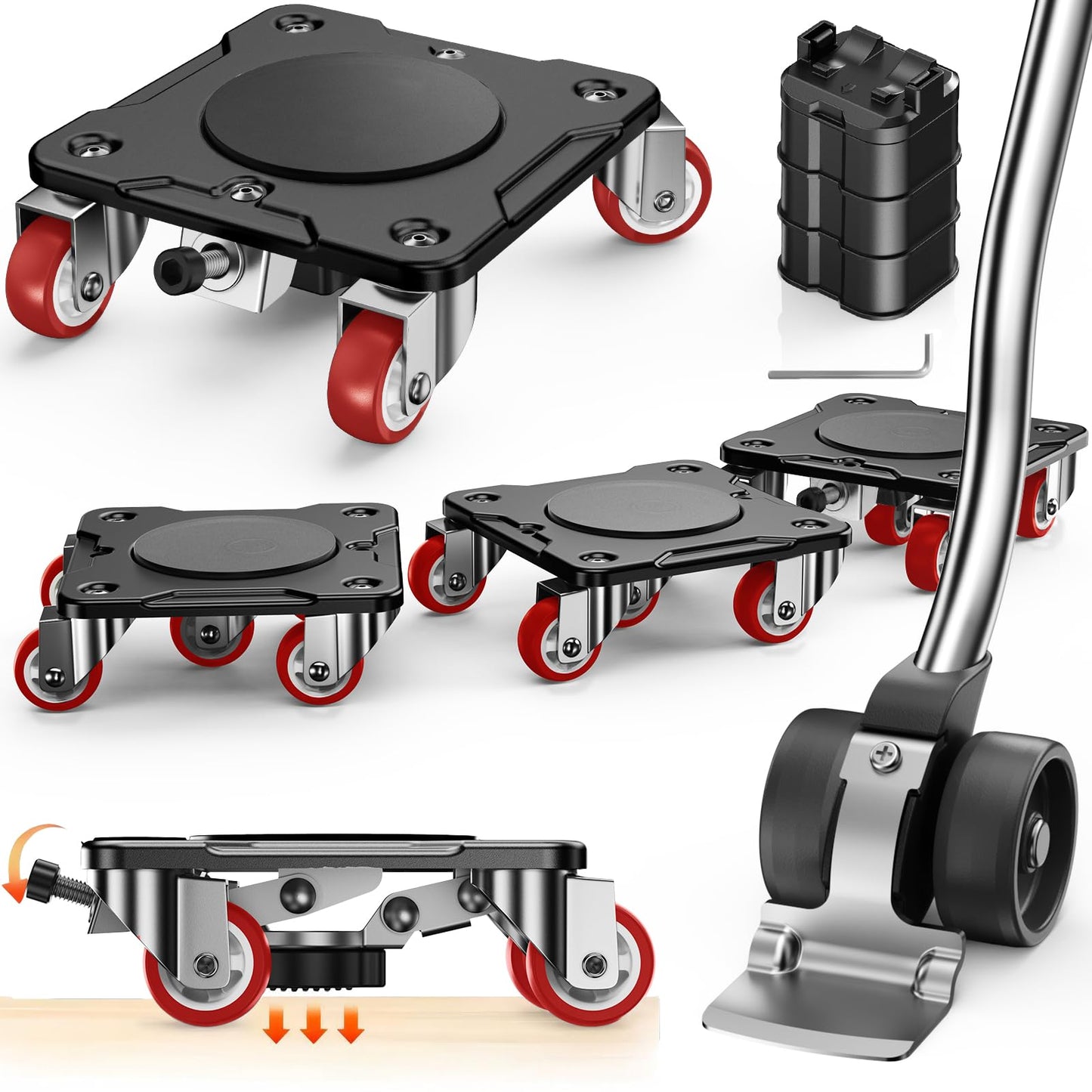 QHNB Heavy Duty Furniture Movers with 5 Wheels & Parking Function – Carbon Steel Panel Furniture Dolly Set with Lifter, 360° Rotating Casters for Easy Moving, Max Load 2200 LBS