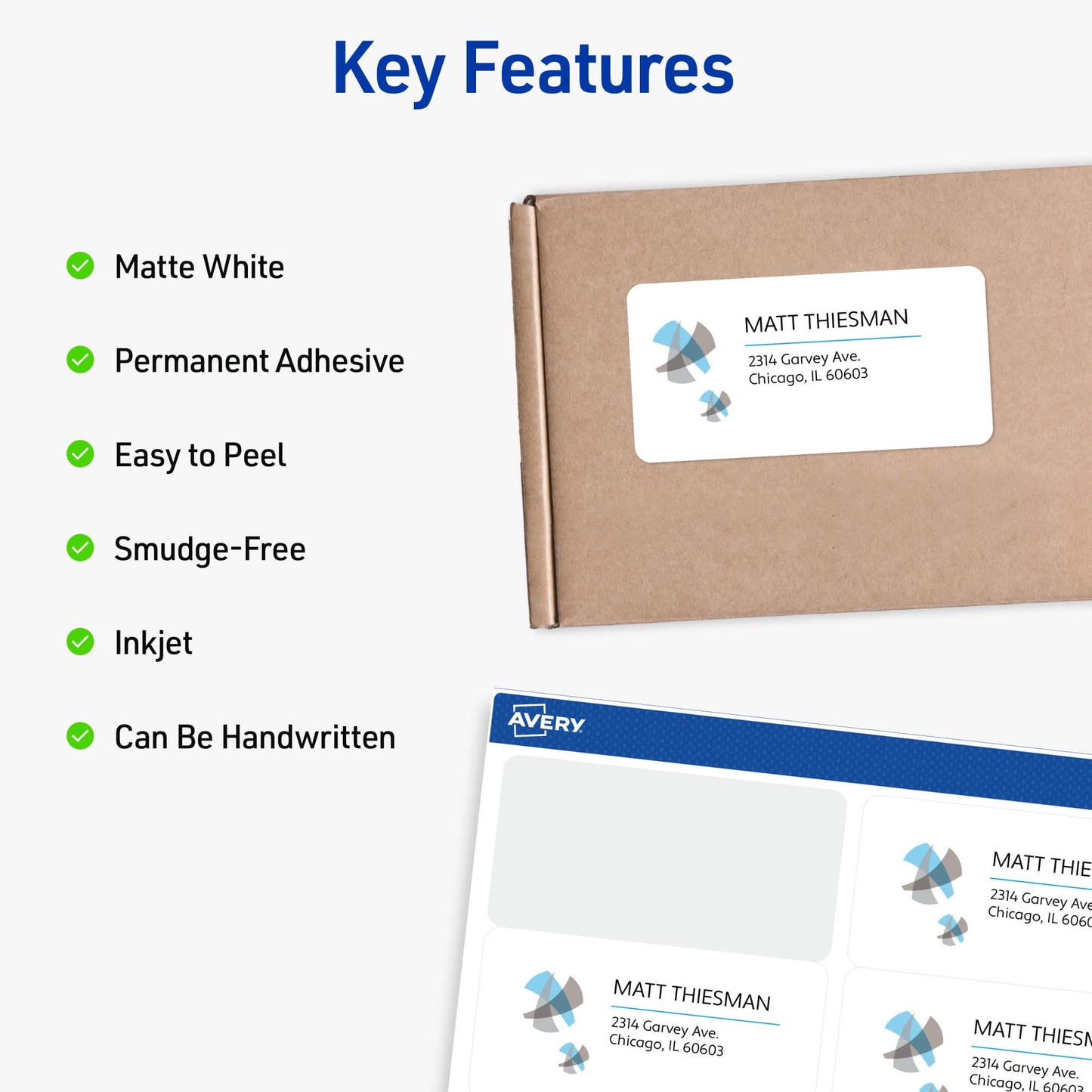 Avery® White Full-Sheet Labels for Inkjet Printers with TrueBlock™ Technology, 8-1/2 inches x 11 inches, Box of 100 (8465)