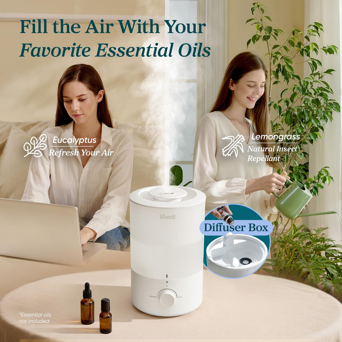 Levoit Humidifiers for Bedroom Large Room, 3L Cool Mist Top Fill Oil Diffuser for Baby Nursery and Plants, 360 Degree Nozzle, Quiet Rapid Ultrasonic Humidification for Home Whole House, White