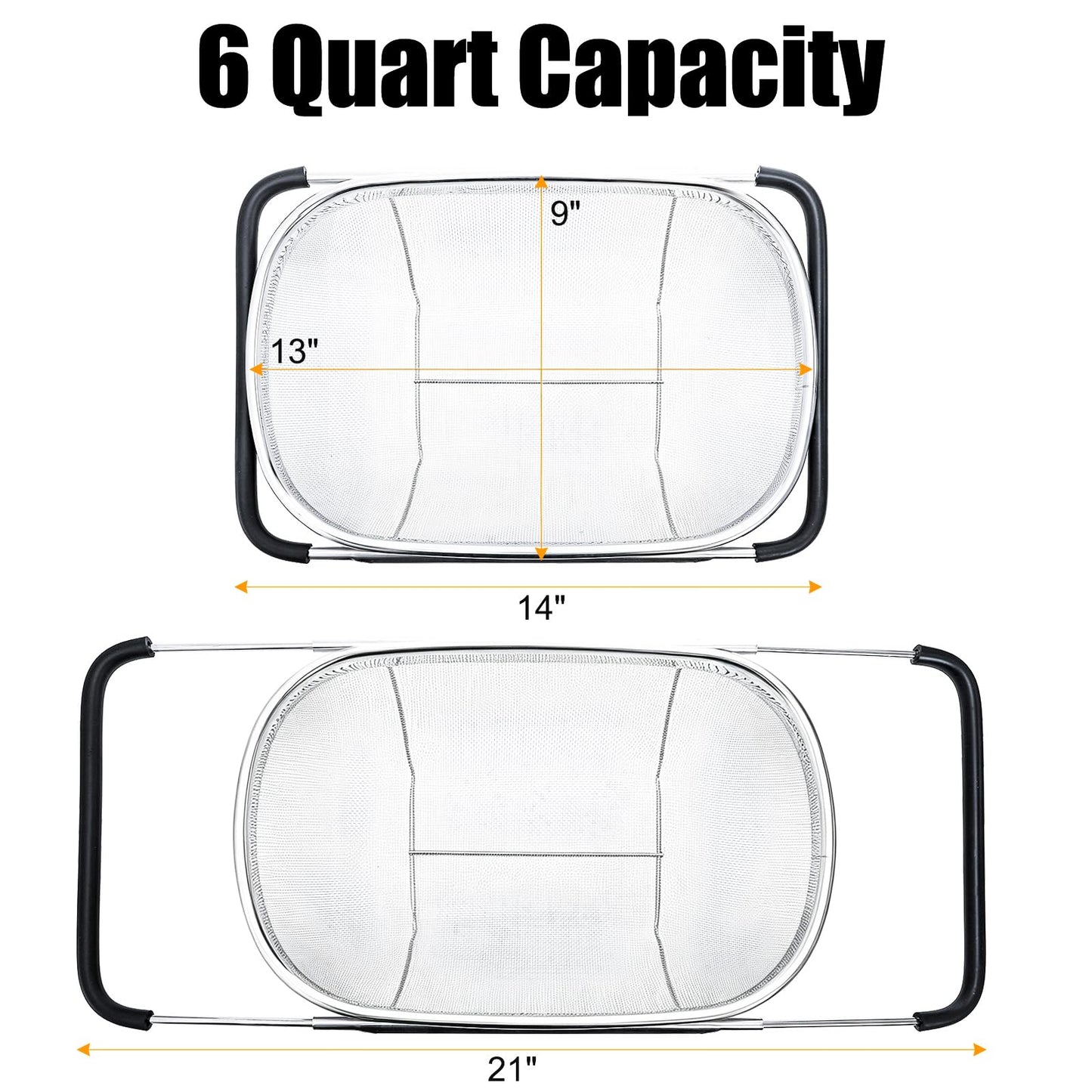 Suwimut 2 Pack Over the Sink Oval Colander for Kitchen, Stainless Steel Fine Mesh 6 Quart Strainer Basket with Expandable Rubber Grip Handles for Straining, Draining, Rinsing Fruits, Vegetables