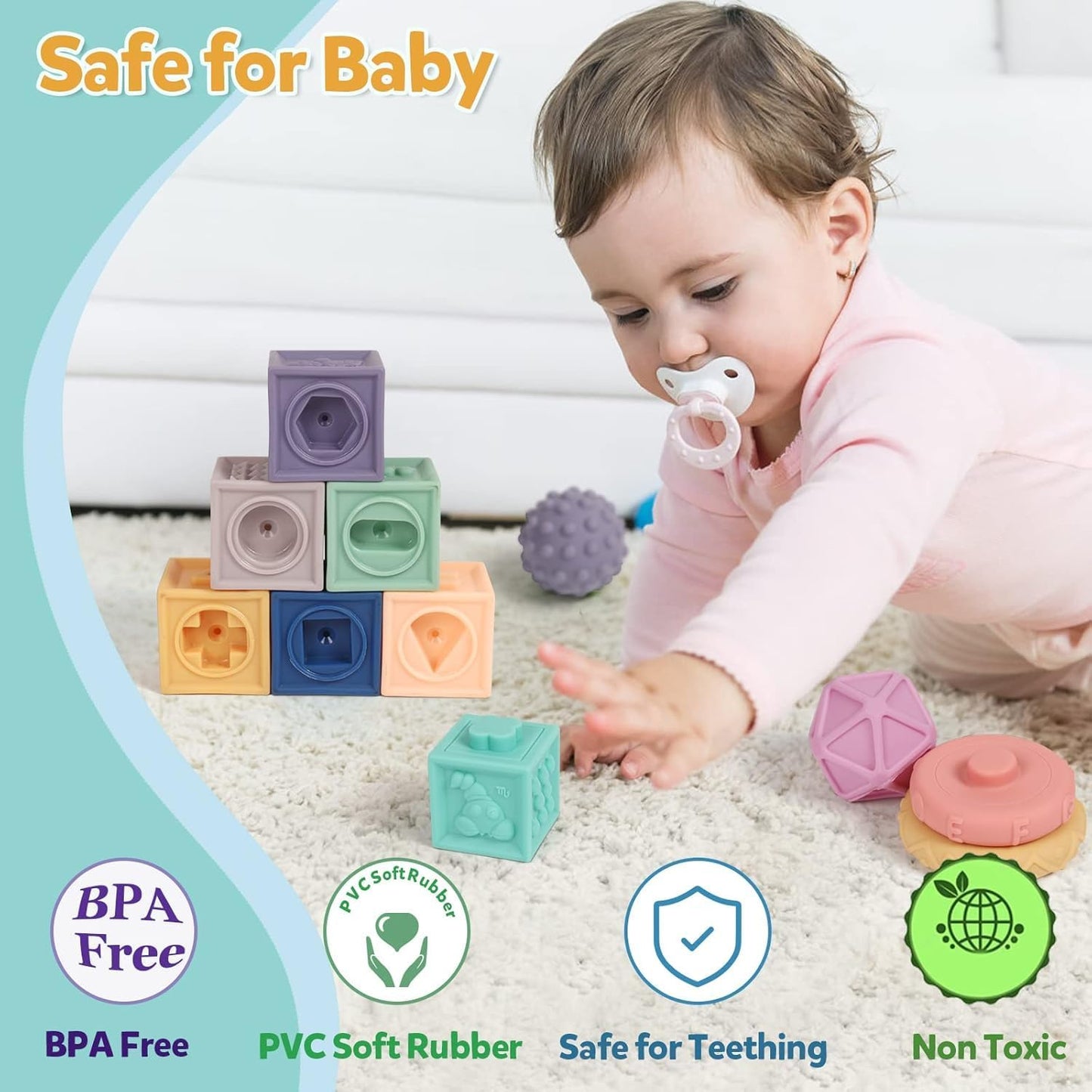 Montessori Baby Blocks – Soft Sensory Stacking Toys for Infants 6-12 Months, Educational Building Blocks for Toddlers 1-3, Non-Toxic Bath & Teething Toys (24-Piece Set)