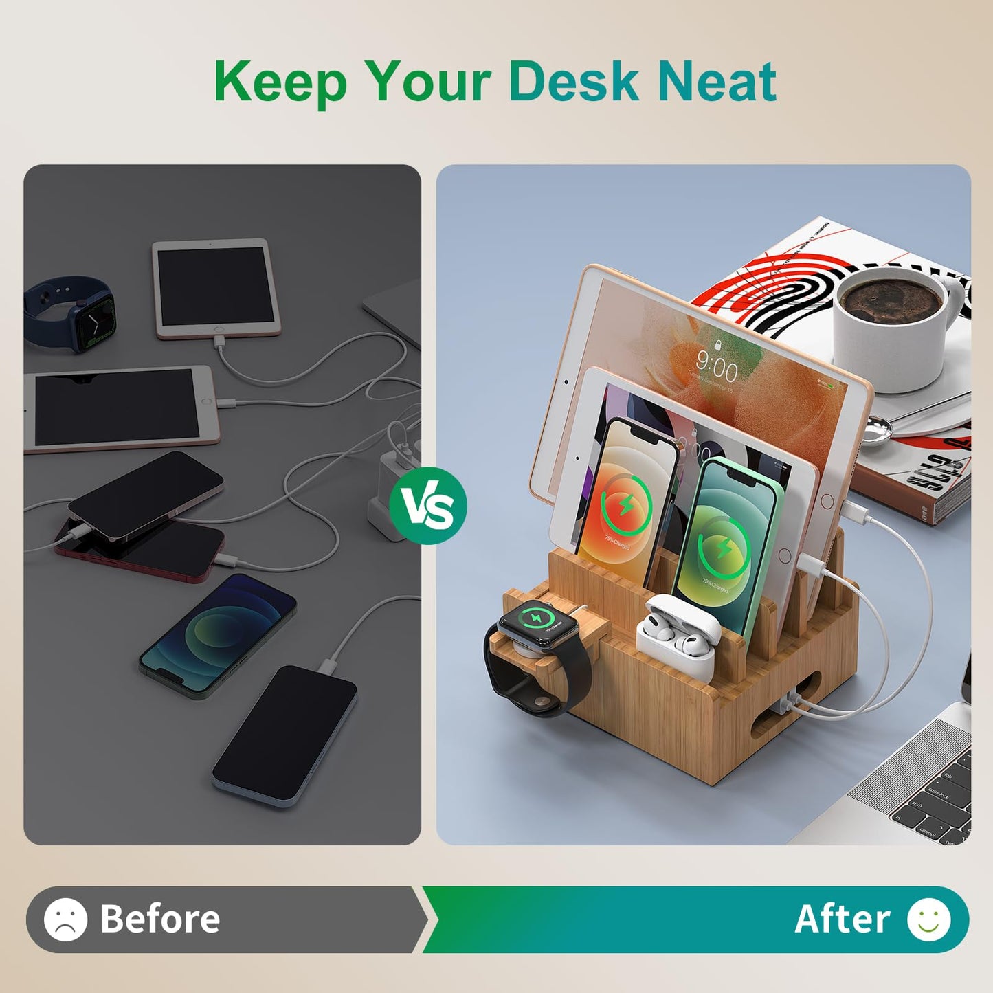 Bamboo Charging Station for Multiple Devices with 5 Port USB Charger, 5 Charger Cables,Watch and Earbud Stand; Pezin & Hulin Desk Wood Docking Stations Electronic Organizer