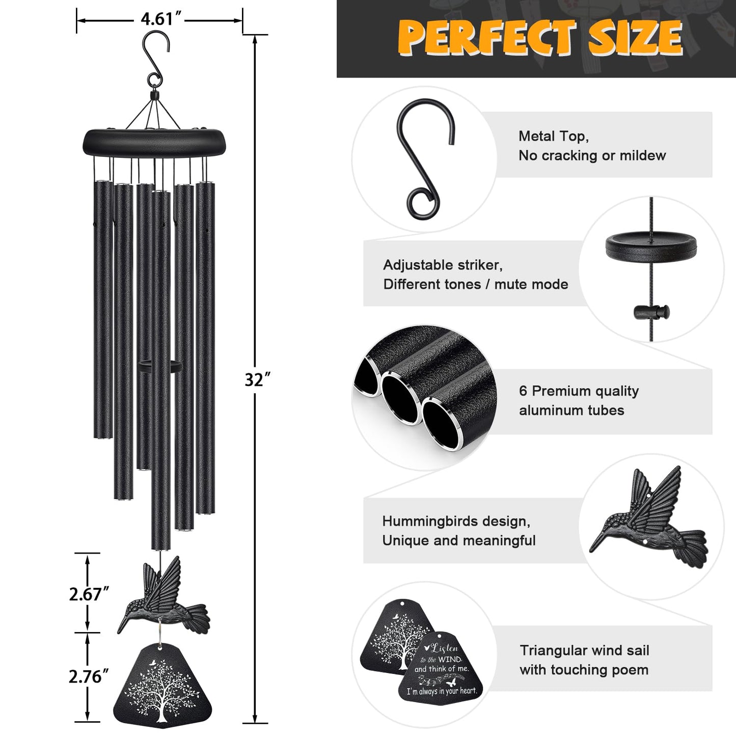 Sympathy Wind Chimes for Outside Deep Tone, Memorial Wind Chimes for Loss of Loved One Prime, Bereavement Condolence Remembrance Funeral Gifts for Grieving Friends Loss of Mother Father