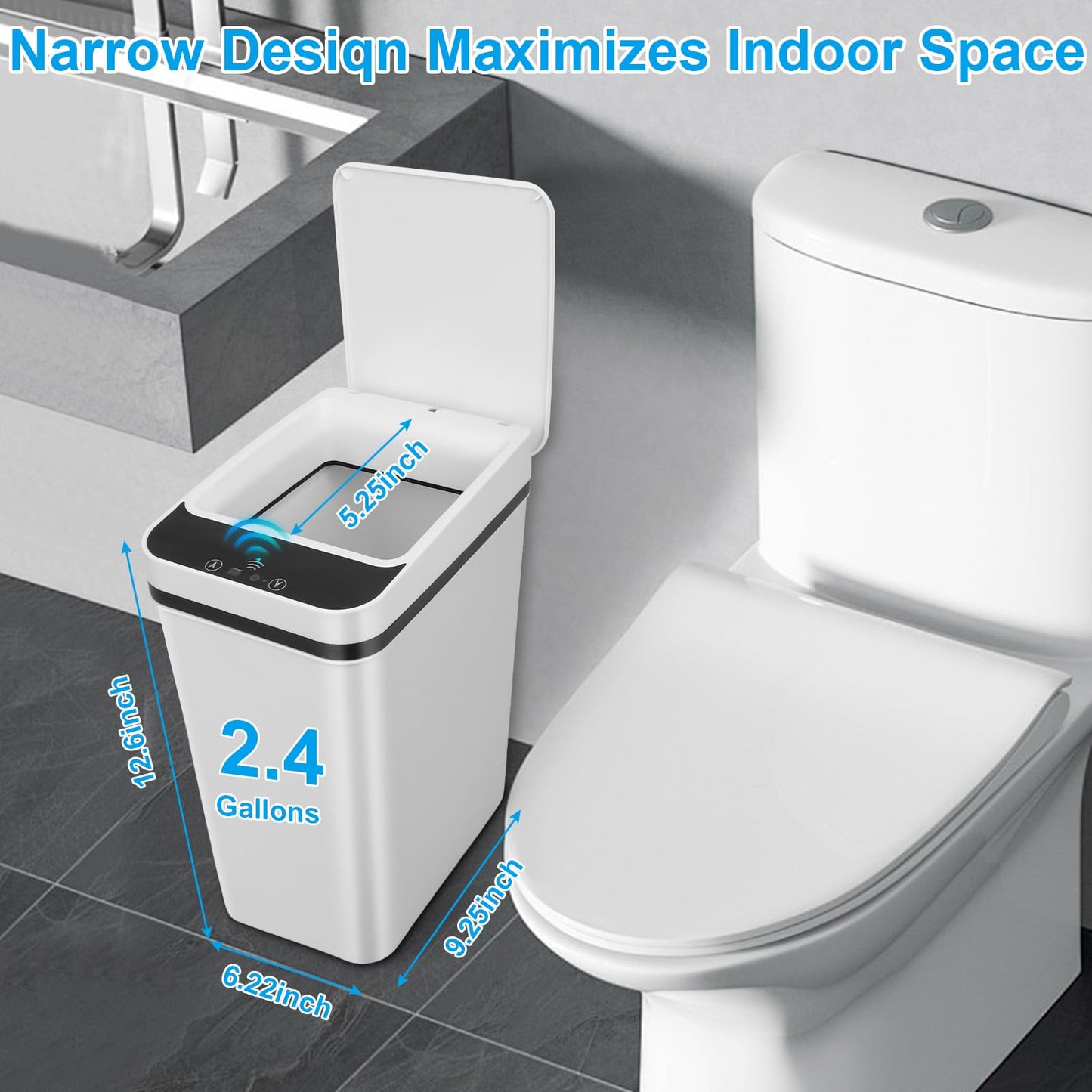 2Pack Bathroom Trash can,Smart Touchless Trash Can,Automatic Motion Sensor Compost Bin with Lid,2.4 Gallon Plastic PP Rubbish Can, Kitchen, Bathroom, Office, Bedroom Trash can (White+White)