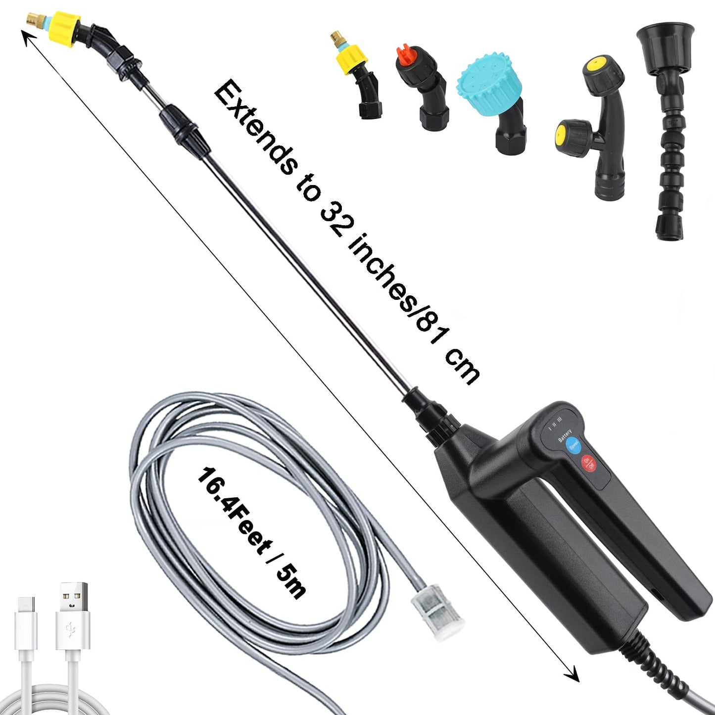 Battery Powered Sprayer, Electric Sprayer with 5 Nozzles and 16.4FT/5M Hoses, USB Rechargeable Handle, 32 Inch Telescopic Wand, Multipurpose Plant Sprayer for Yard Lawn Weed Plants