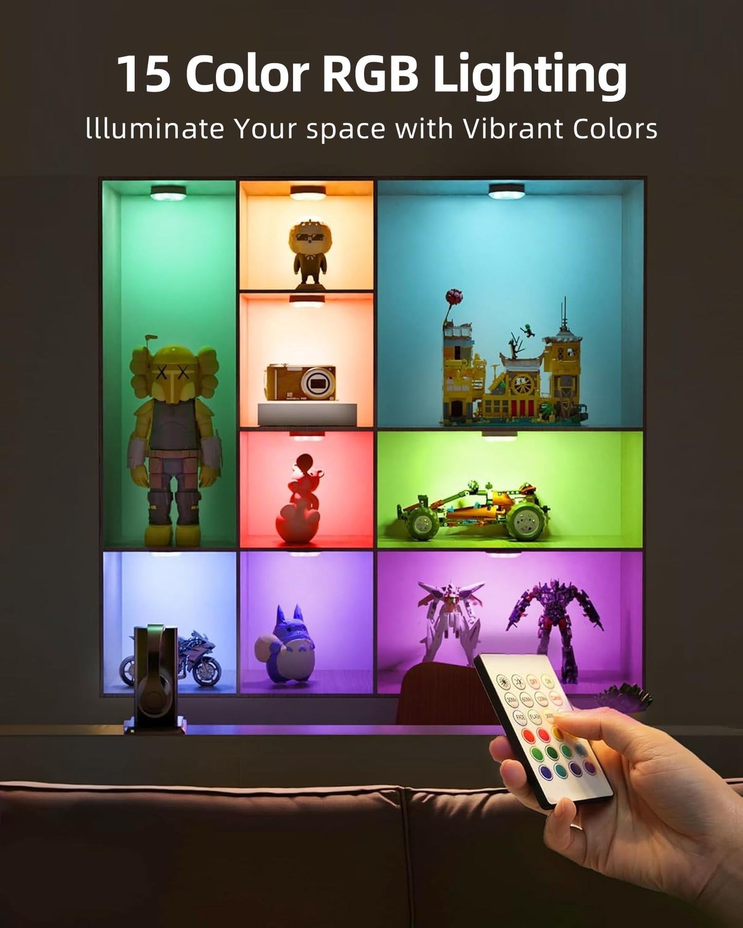 EZVALO 6-Pack Rechargeable Motion Sensor Light Indoor, 15 RGB Color Temps Under Cabinet Lighting, Wireless LED Puck Lights with Remote, Under Counter Lights for Kitchen, Shelves, Stairs, Lockers