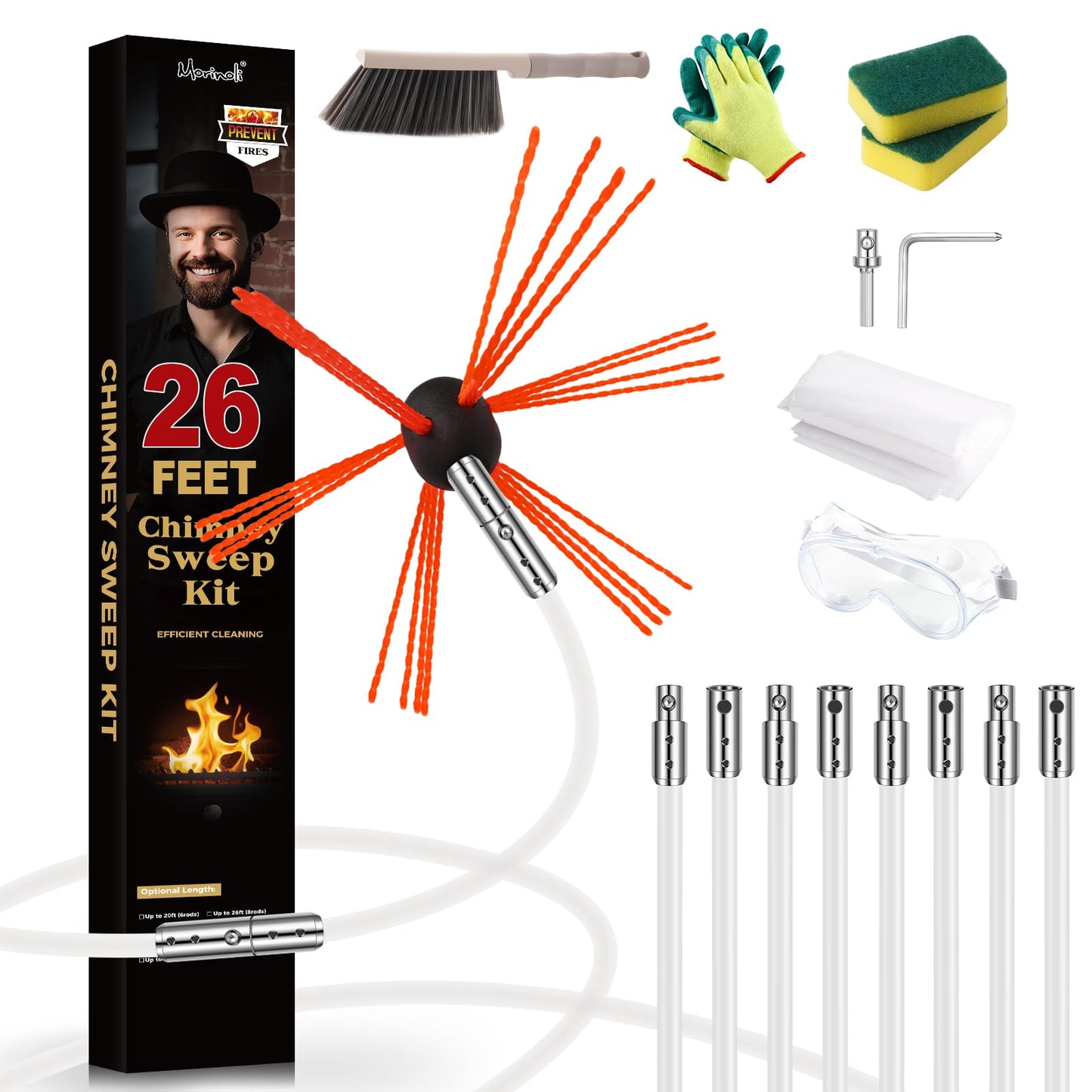 Morinoli 26 Feet Chimney Sweep Kit with Chrome Button Locking System, 8 Flexible Rods, Brush and Cleaning Tools
