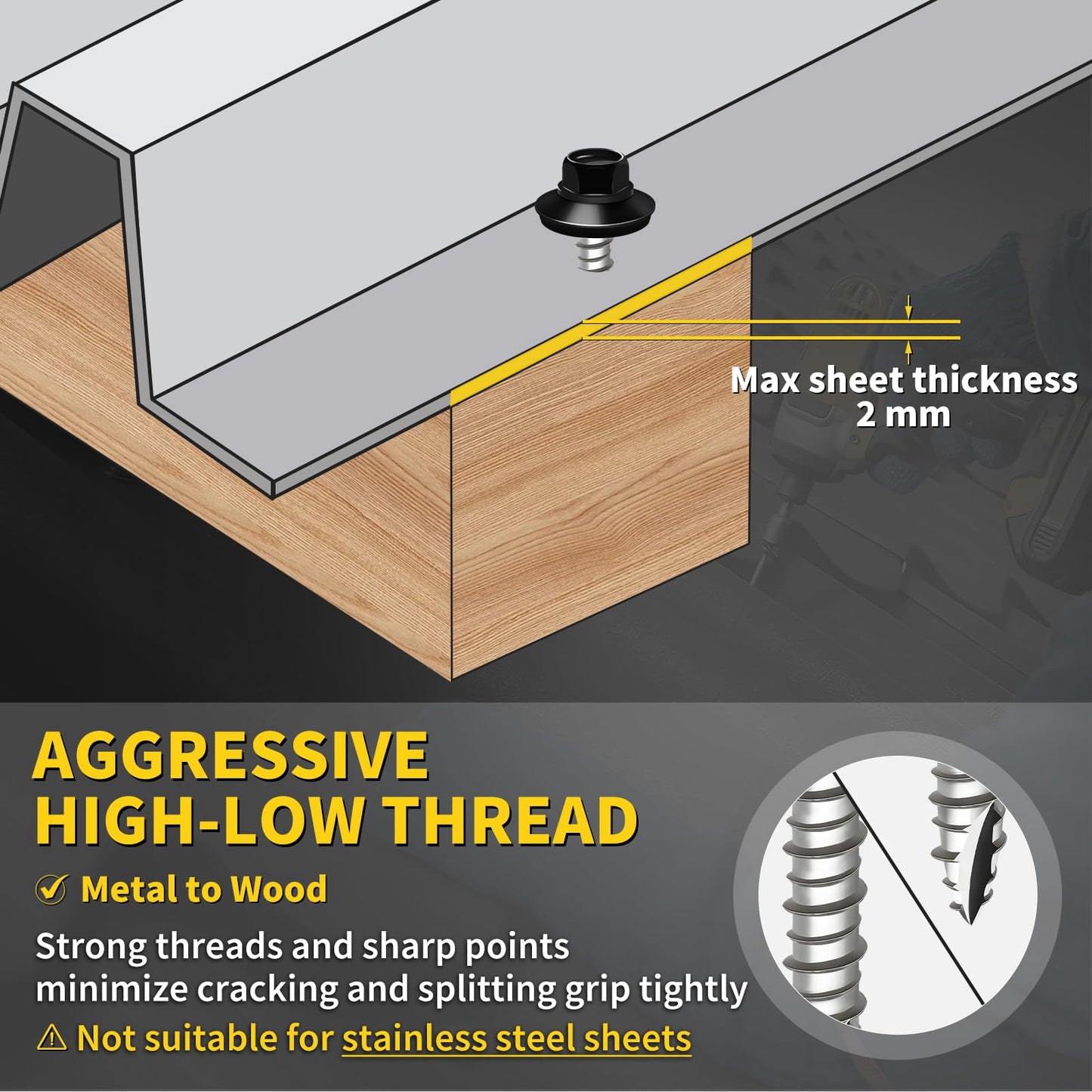 Metal Roofing Screws #10 x 1-1/2", 300 PCS, FIXLINK Baking Paint Hex Head Rubber Washer Sheet Metal Roof Screws Self Tapping Metal to Wood Siding Screws, Hex Socket Included, Black