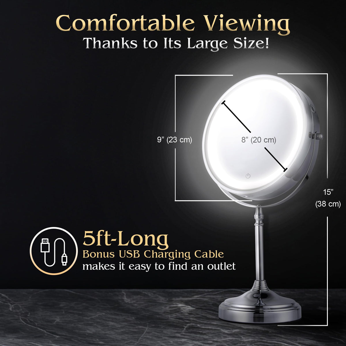Ultra Zoom 20X Magnifying Illuminated Makeup Mirror - 20X & 1X Dual Sided Glow with 3 Luminous Modes, Charging Cord Included - 38cm Tall x 20cm Wide (Chrome)