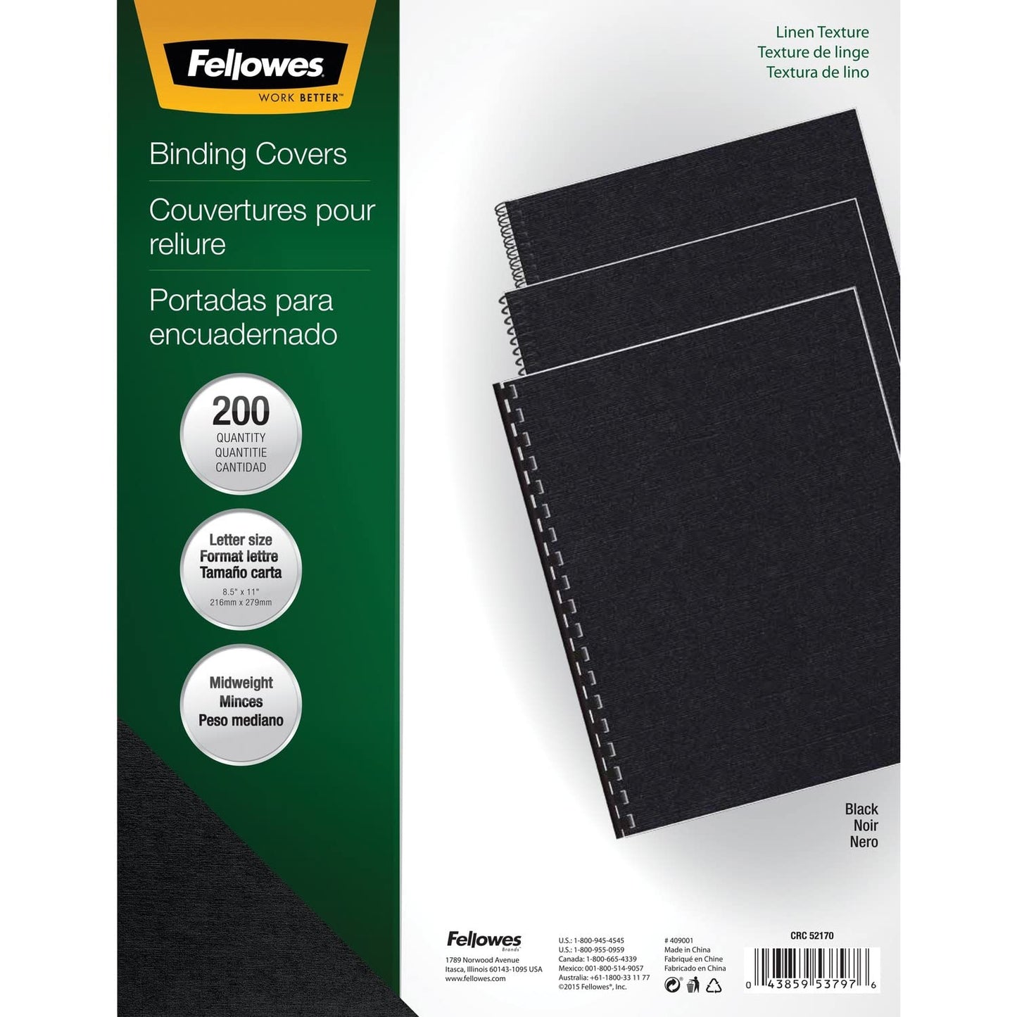 Fellowes Linen Presentation Covers, Letter, Black, 200 Pack (5217001)