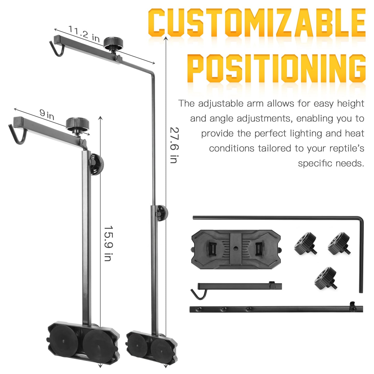 Eckpo Reptile Glass Mount Lamp Stand, Adjustable Heat Light Fixture Holder with Glass Suction Cup, Suitable for Terrarium Dome Lamp