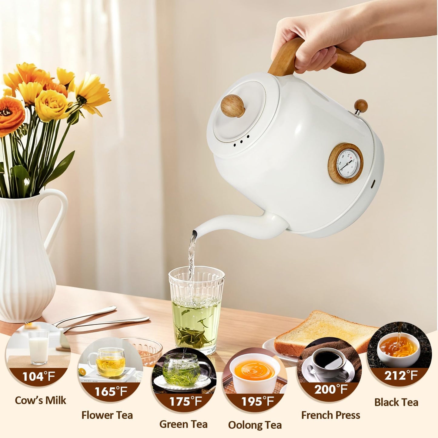 1.2L Electric Kettle, Gooseneck Kettle,Tea Pot with thermometer, Teapot Water Boiler Gooseneck Electric Kettles for Coffee & Tea