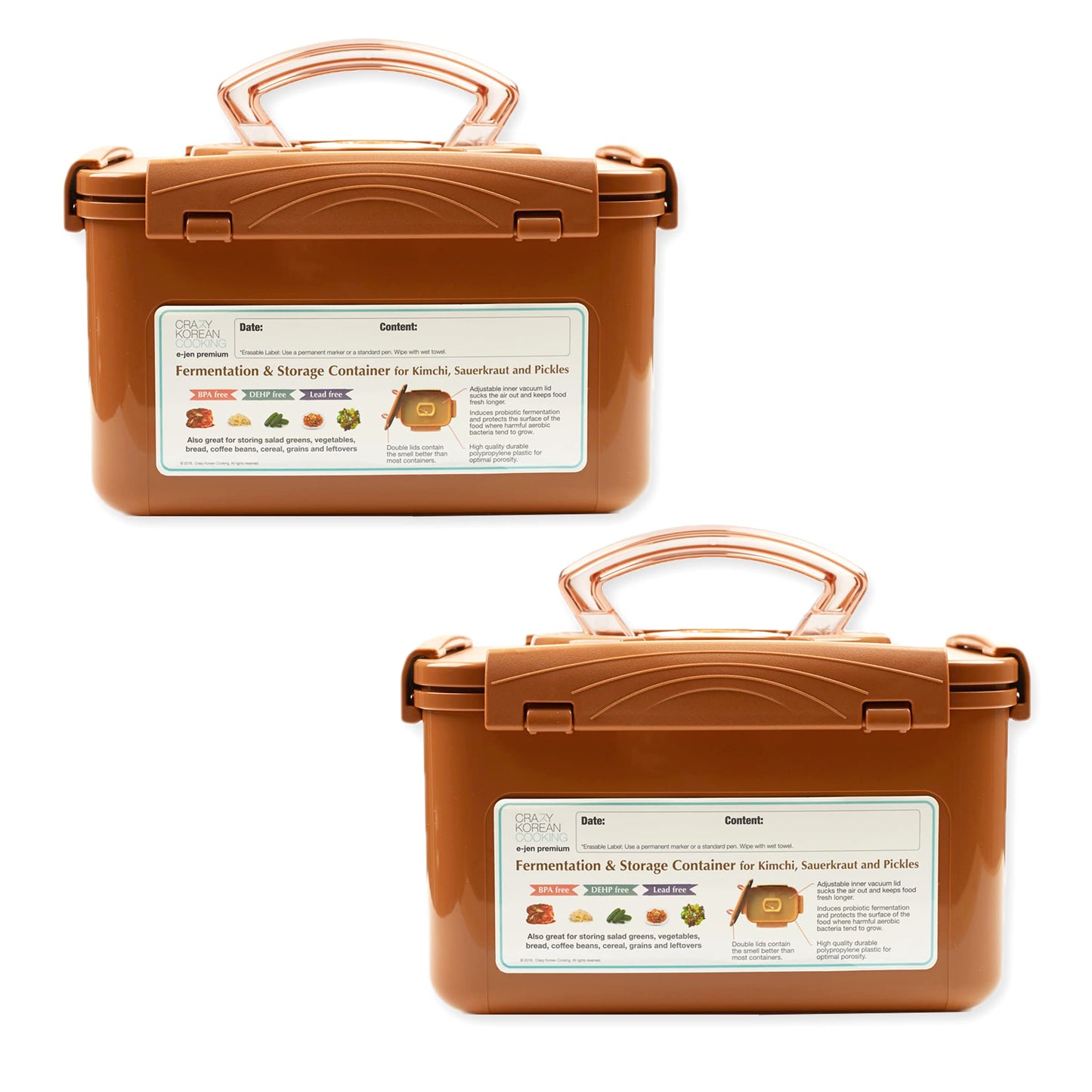 Crazy Korean Cooking Premium Kimchi, Sauerkraut Fermentation and Storage Container with Inner Vacuum Lid, Sandy Brown 1.3 Gal (5.2L) 2 PACK