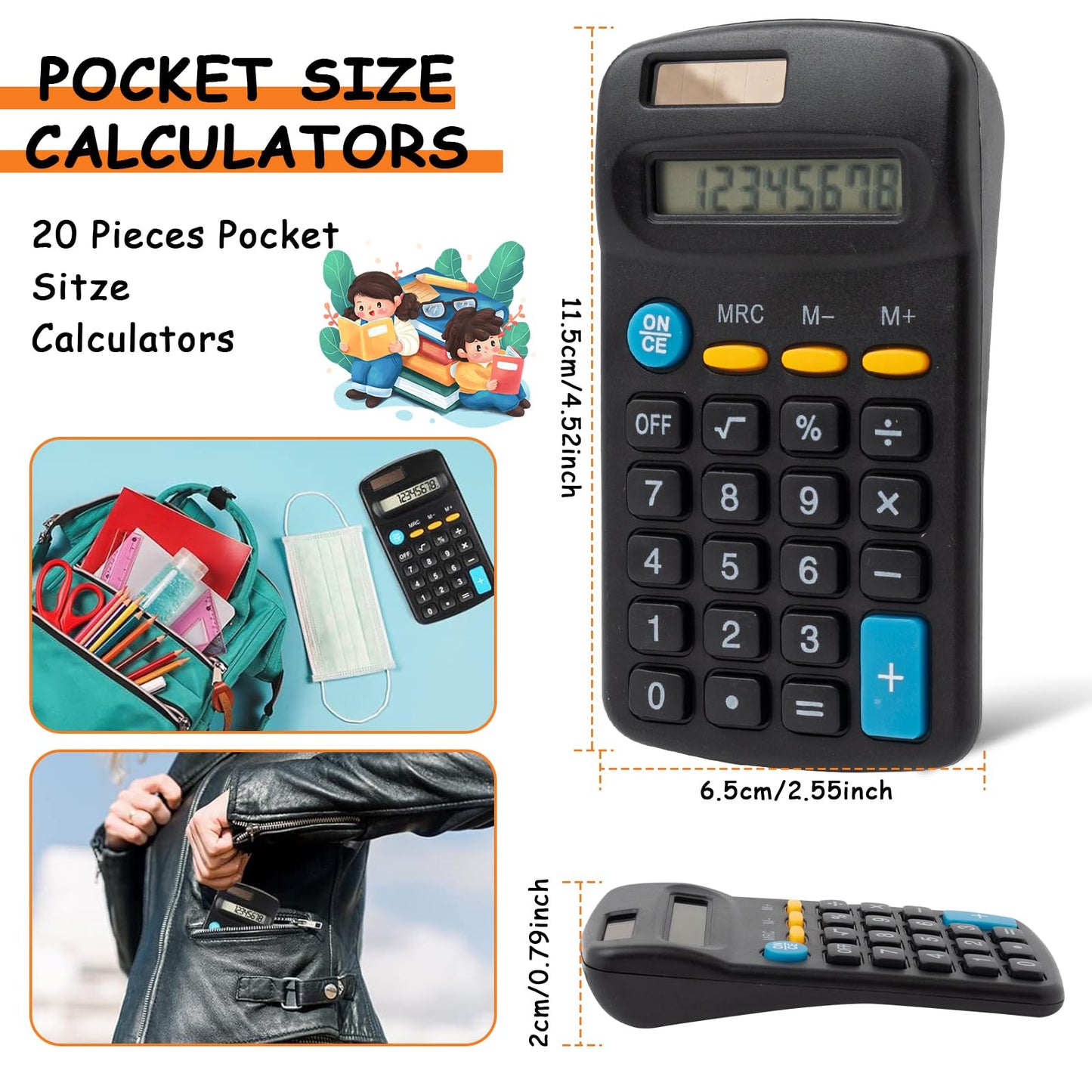 Pocket Size Basic Calculator, 20 Pieces Student Function Solar Battery Dual Power Mini Calculator for Student Kids School Home Office Desktop Accounting Tools, Black