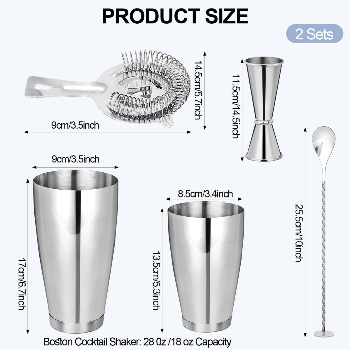 Cocktail Shaker Boston Shaker Set 10 Pcs Professional Bartender Kit Bar Shaker Stainless Steel Drink Shaker Bartending Martini Shaker Tin with 18oz&28oz Mixed Alcohol Shaker Tool for Beginner(Silver)