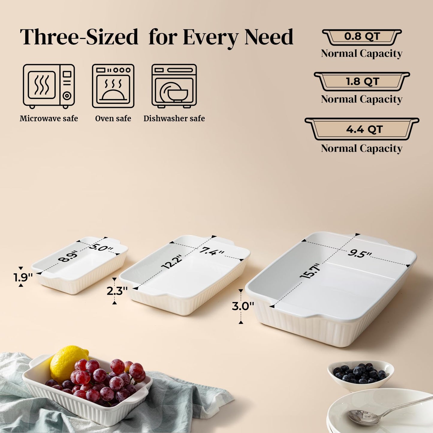 DOWAN Casserole Dishes for Oven, Baking Dishes Set, Ceramic Bakeware Sets of 3, Lasagna Pan Deep, Rectangular Baking Pan Set with Handles for Baking, Casserole, Kitchen, Wedding Gift, Soft White (15.6