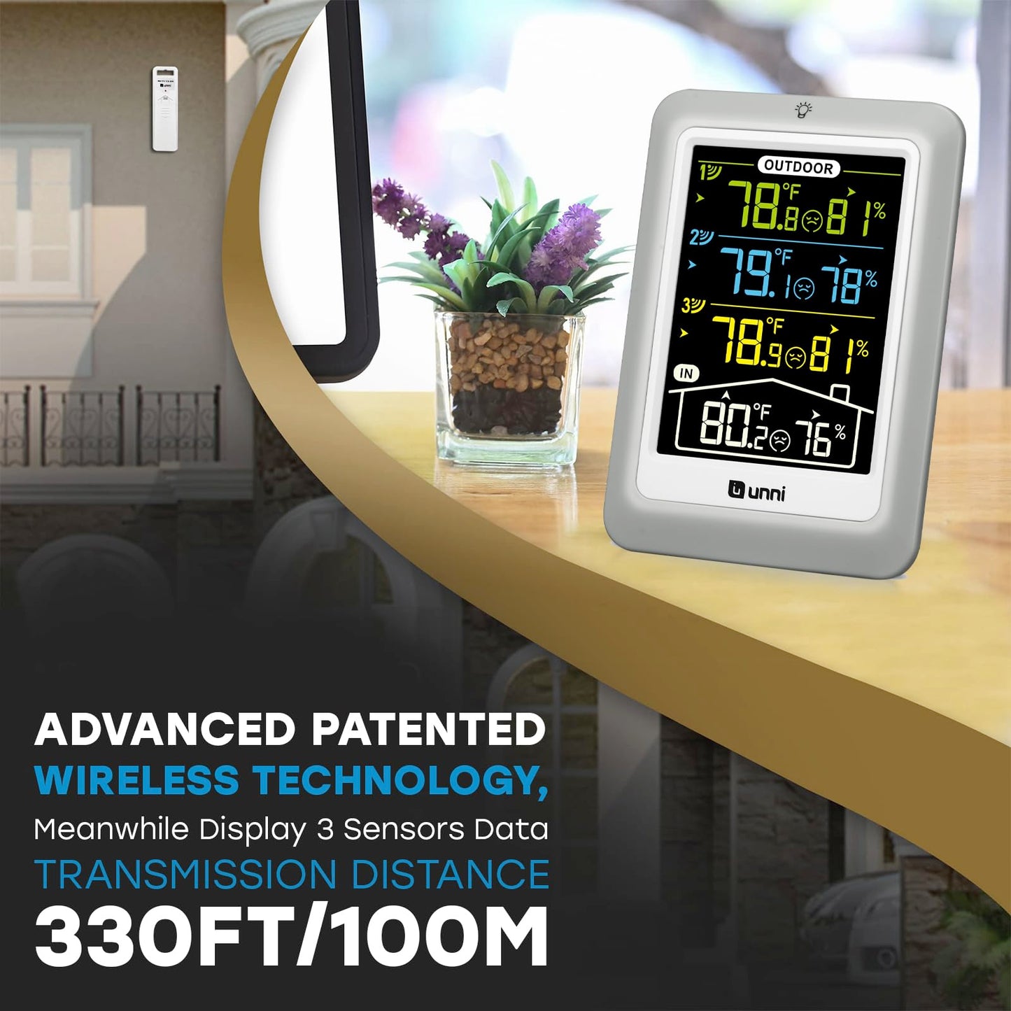 Weather Stations Indoor Outdoor Thermometer Wireless, 4.5 Inch Display Digital Hygrometer Thermometer Temperature Humidity Monitor with 330ft Range Sensor and Adjustable Backlight (Multi)