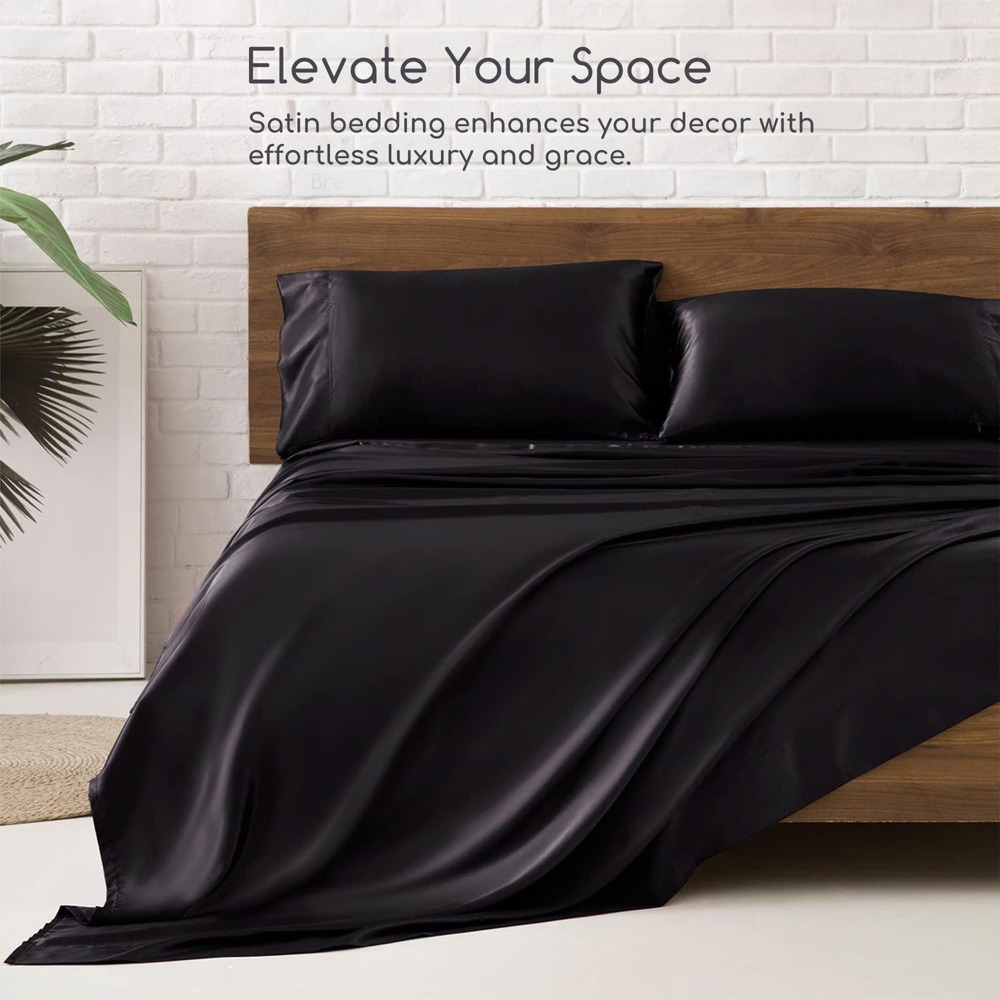 MR&HM Satin Sheets King Size with Elastic Corner Straps, 4-Piece Silky Bedding Set, Deep Pocket 15 Inches, Good for Hair & Skin (King, Black)