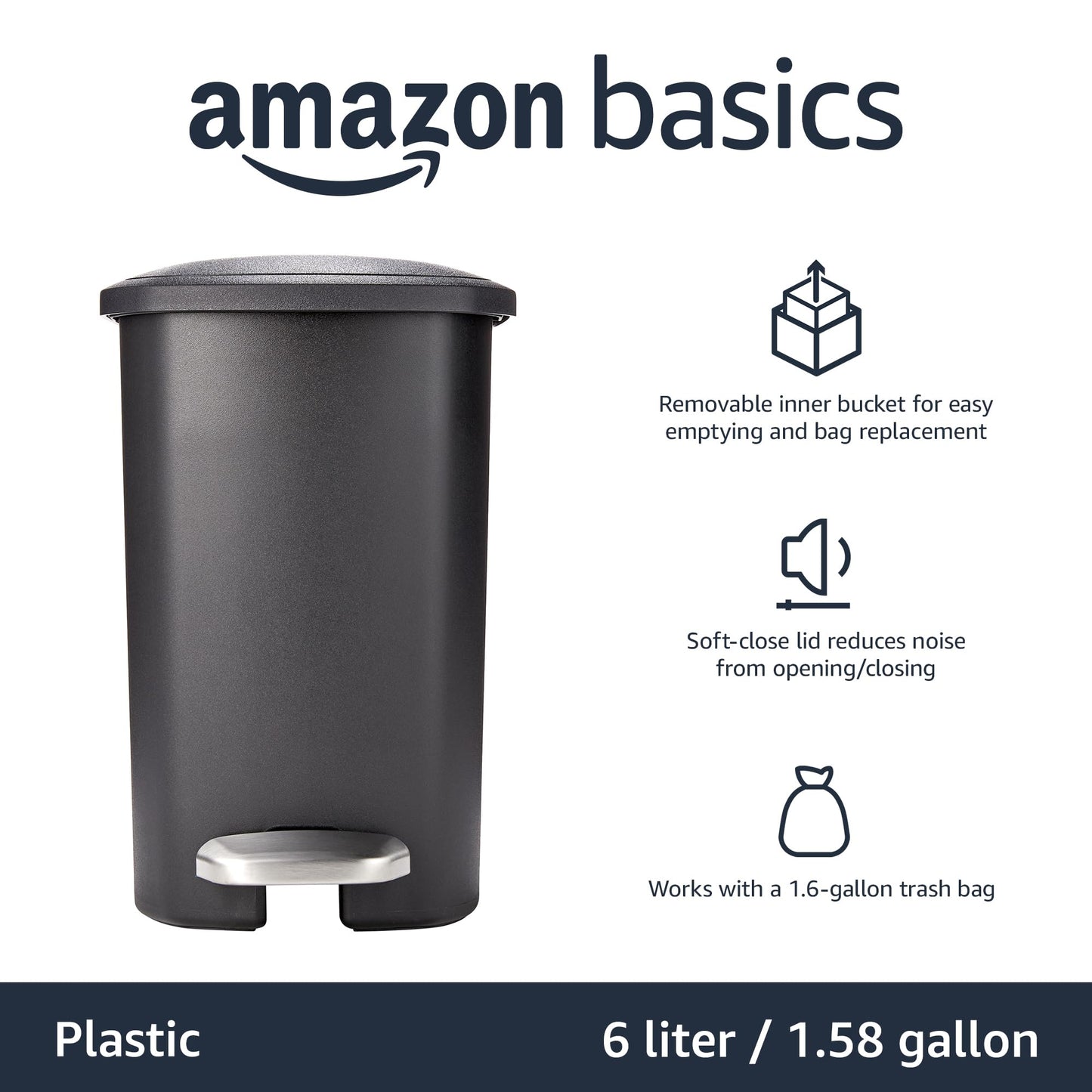 Amazon Basics Compact Bathroom Small Plastic Rectangular Trash Can with Removable Inner Bucket, Steel Foot Pedal for Hands Free Opening, Black, 6 Liters