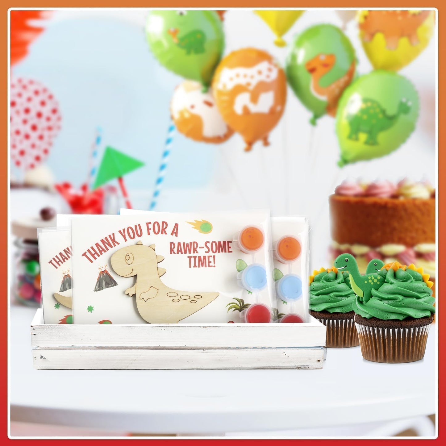 12-Pack Pre-Packaged Dinosaur Party Favors for Kids, Wooden Dinosaur Cutouts with Magnets & Painting Kits, Thank You Gifts for Guests, Dino Theme Birthday Party Decorations