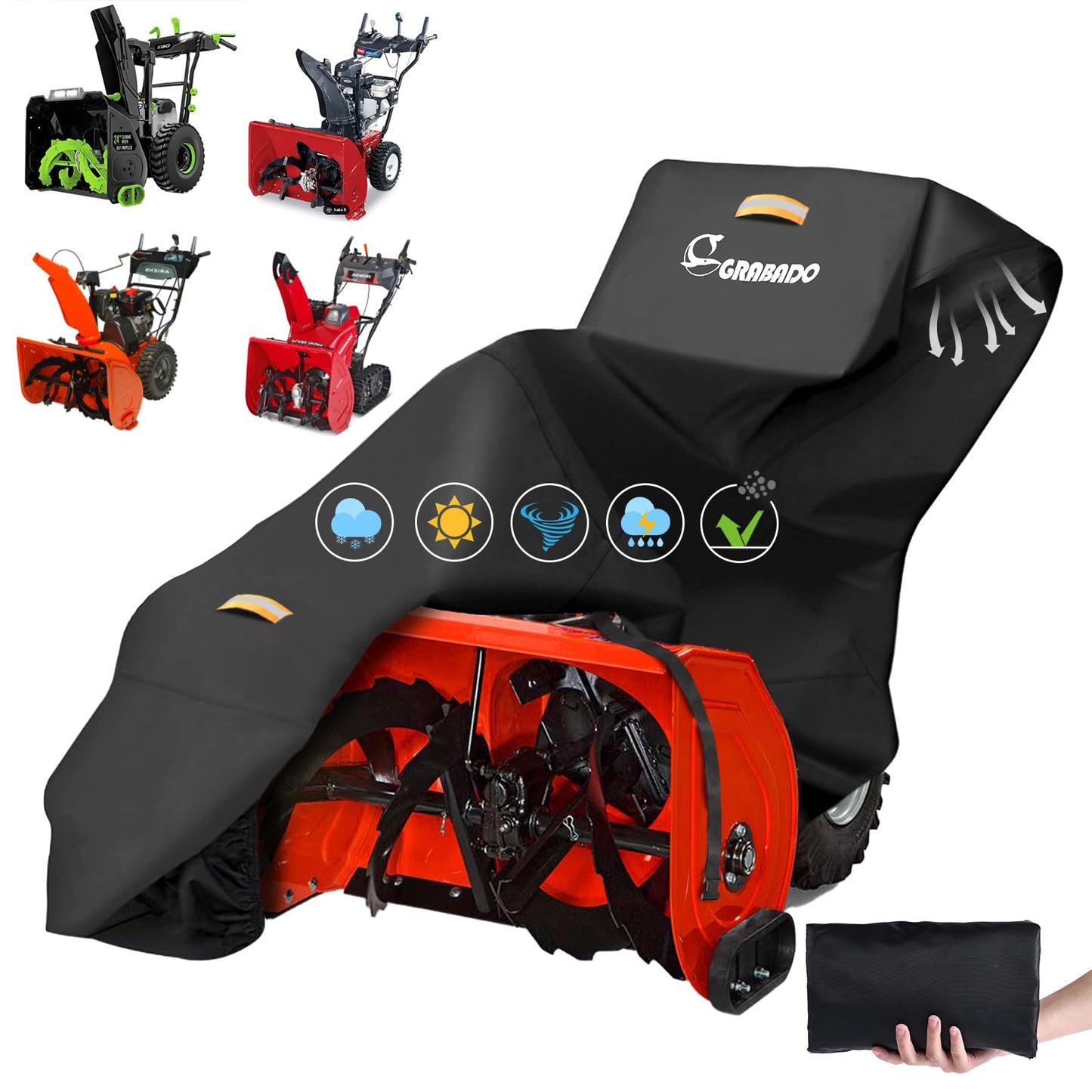 Snow Blower Cover,Heavy Duty 840D Snowblower Covers Waterproof Outdoor with Waterproof Strip,Air Vent,2 Reflective Handles,Windproof Buckle,Universal Protective Cover for Snow Thrower Shovel Storage