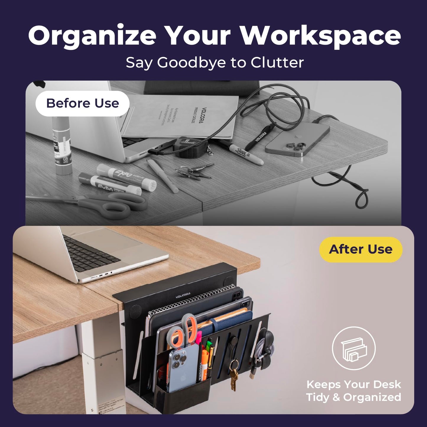 Volcora Side Storage, Under Laptop Holder, No Drill Organizer with Magnetic Pen Box, Cable Clamp, Hanging Organizer, Desk Mount File Holder for Office and Home, 2 Tier Black
