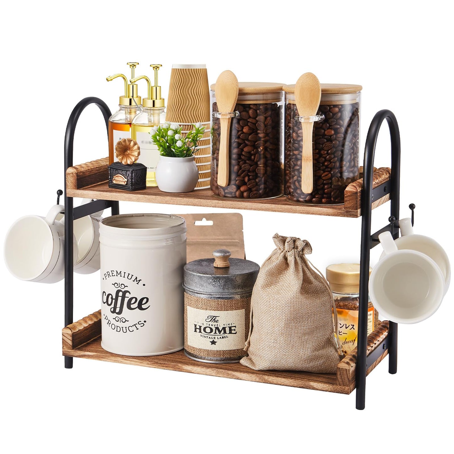Coffee Bar Accessories, 2-Tier Coffee Bar Organizer with 4 Coffee Cup Holder Hooks, MUL-tifunctional Wooden Beaded Coffee Station Countertop Stand Shelf for Kitchen Home Office