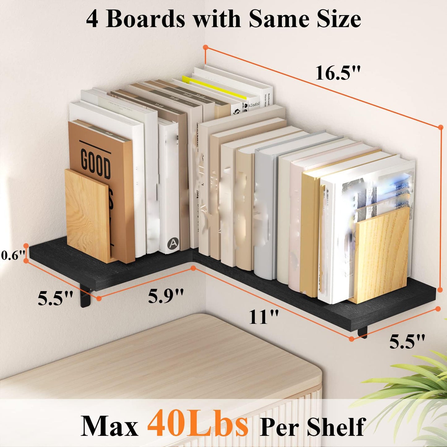 Love-KANKEI Corner Shelf Wall Mounted, Floating Wall Shelves for Storage, Rustic Wood Hanging Shelves for Display, Bathroom Kitchen Bedroom Living Room, Set of 4, Black