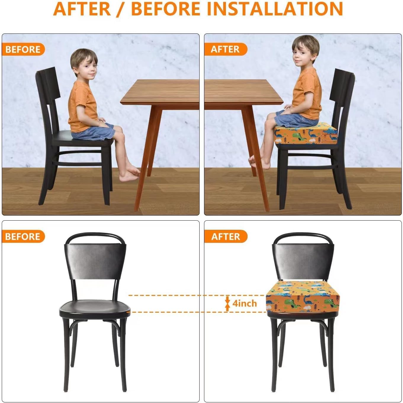 KIDUN Toddler Booster Seat for Dining Table, Upgrade 4 inch Heightening Cushion for Kids Chair, Adjustable, Heightening Booster Seat Pad for Boy/Girl, Toddler Booster Cushion.(Buckle/Yellow)