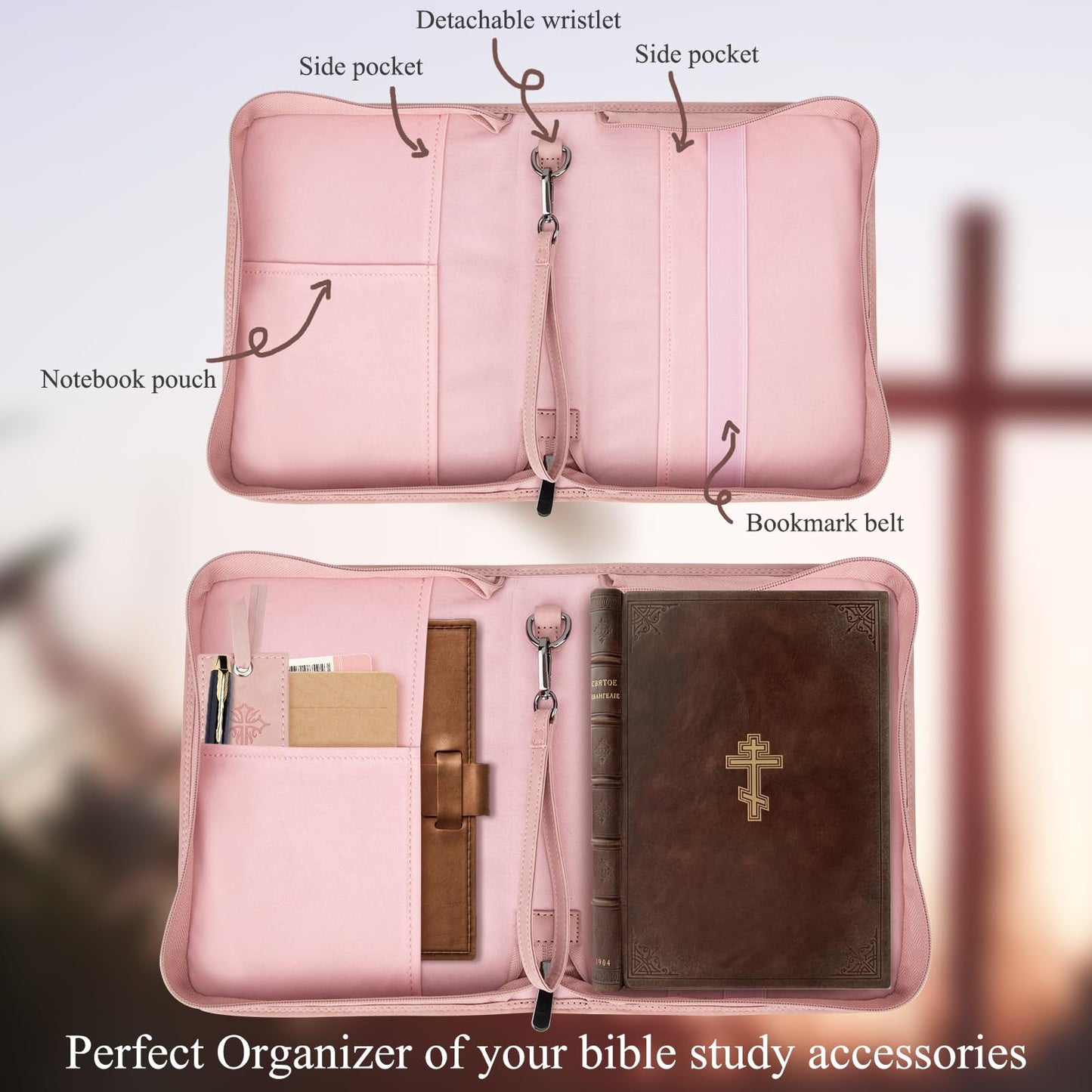 CITYCHASE Bible Cover for Women - Leather Study Case with Bookmark, Supplies Carrying Bag Tote with Strap, Personalized Book Organizer for Journaling - Pink