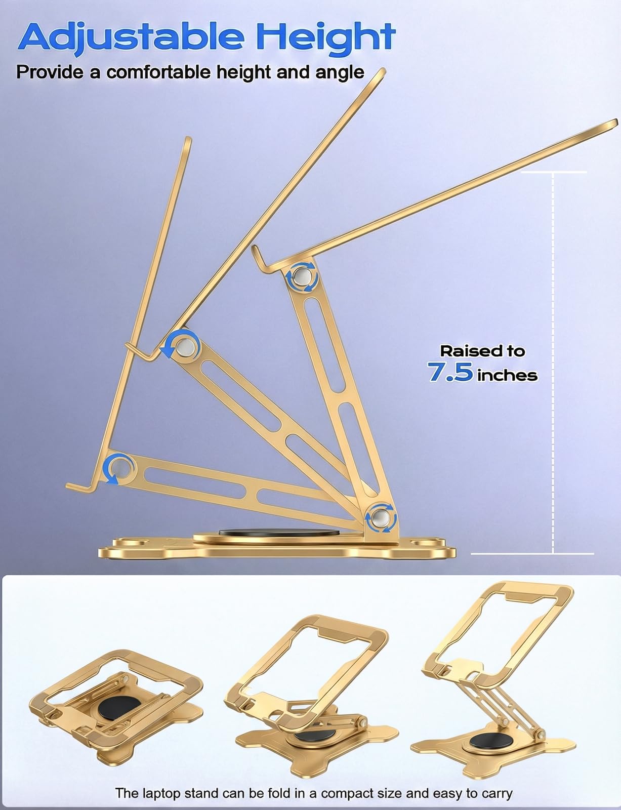 JCZT Adjustable Laptop Stand for Desk, 360° Rotating Base Ergonomic Computer Stand, Laptop Riser Foldable Protable for Office Home Fits Compatible with MacBook Pro/Air Notebook up to 10-16" Gold