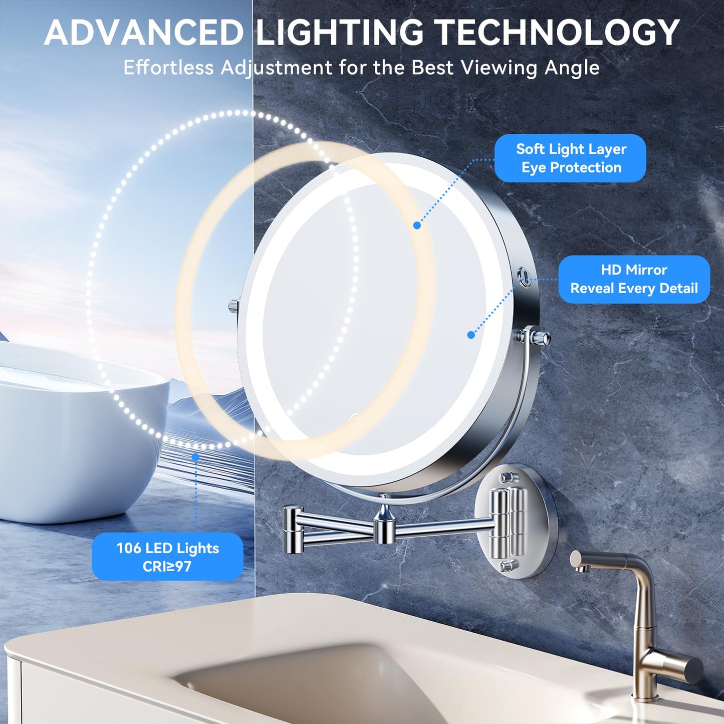 Auxmir 5000mAh Rechargeable Wall Mounted Makeup Mirror, 1X/30X Double-Sided Magnifying Mirror with Light, 9" Lighted Vanity Mirror with 3 Color Modes, Touch Dimmable, 360° Swivel Extended Arm, Chrome