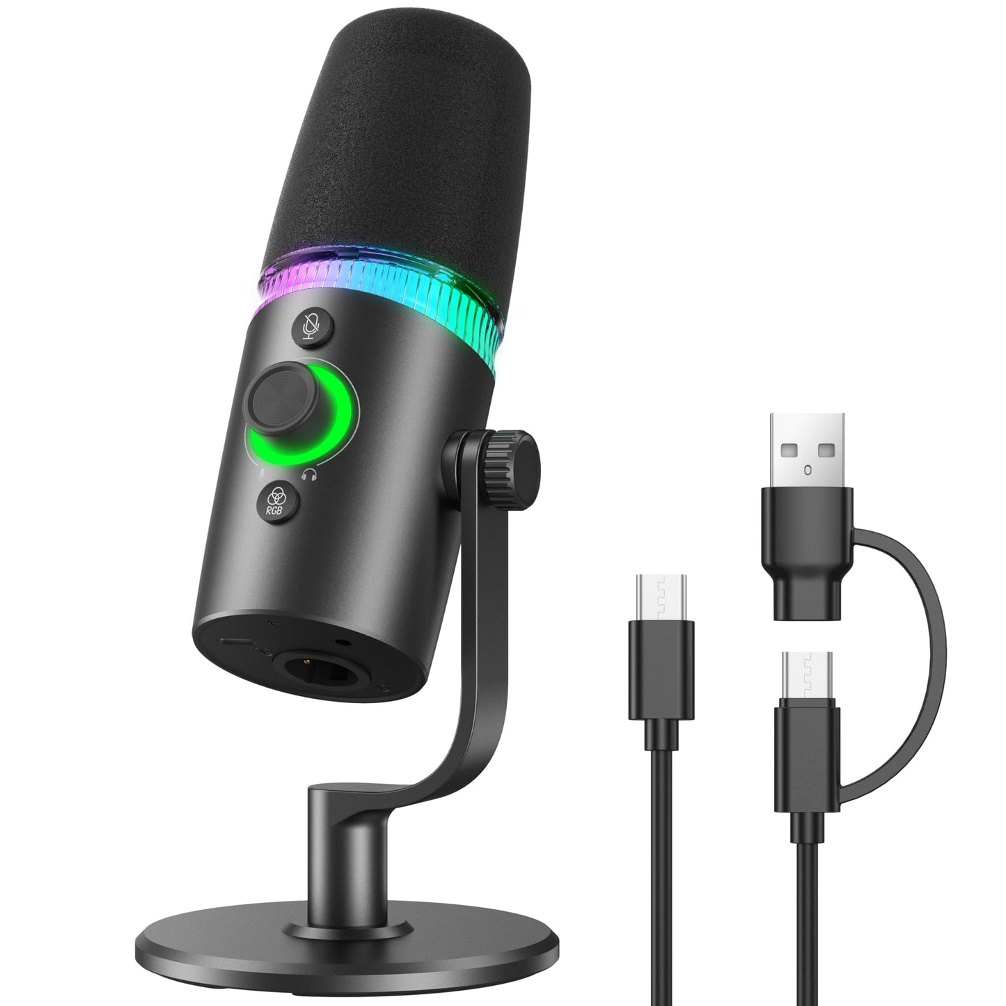 USB/XLR Dynamic Podcast & Gaming Microphone for PC, Vocal Mic with RGB Lighting, Tap-to-Mute, Gain Control & Headphone Monitoring for YouTube Streaming