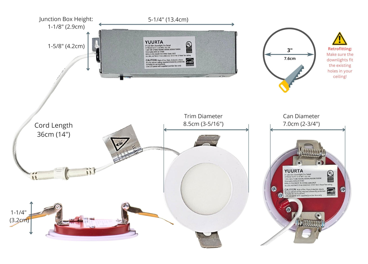 YUURTA (6-Pack) 3-Inch 5W 2-Hour Fire Rated Color Selectable 2700K/3000K/3500K/4000K/5000K Ceiling Recessed LED Downlight (Pot Light) 120V 400lm Dimmable Wet Locations IC Rated UL Certified (White)