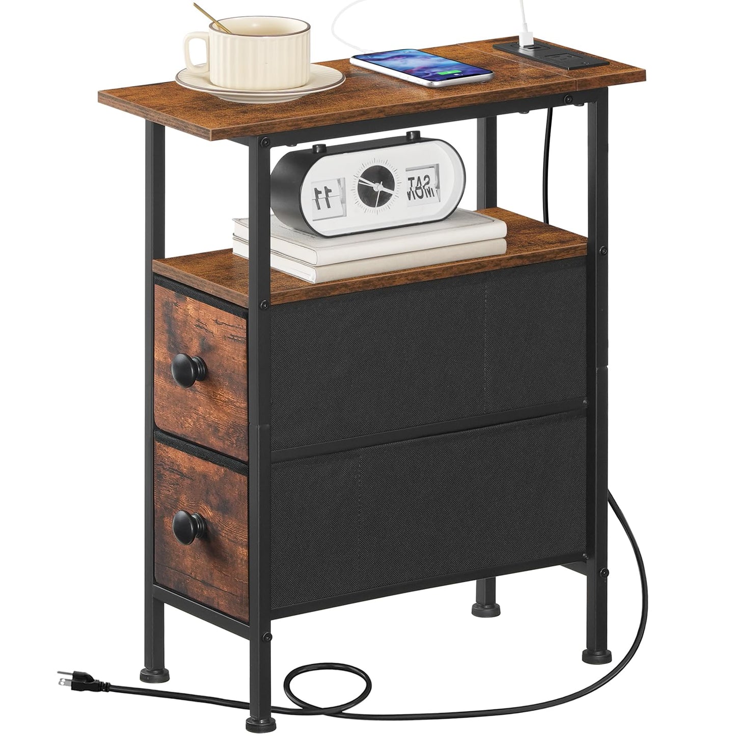 HOOBRO End Table with Charging Station, Narrow Side Table with 2 Fabric Drawers, Skinny Nightstand with Storage, Slim Bedside Table for Living Room, Small Spaces, Rustic Brown and Black BF487UBZ01