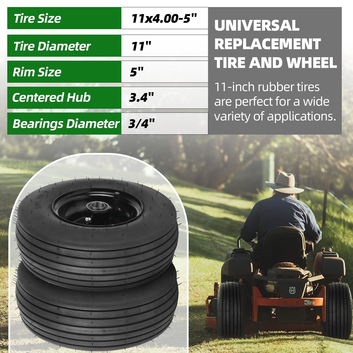 AR-PRO (2-Pack) 11x4.00-5 Tire and Wheel Assembly, 11x4-5 Lawnmower Tire (4-Ply) and Rim with Tube, 3.4”-4”-4.5”-5” Centered Hub with 3/4” Bushing, Universal Lawn Mower/Yard Tractor Turf Tires