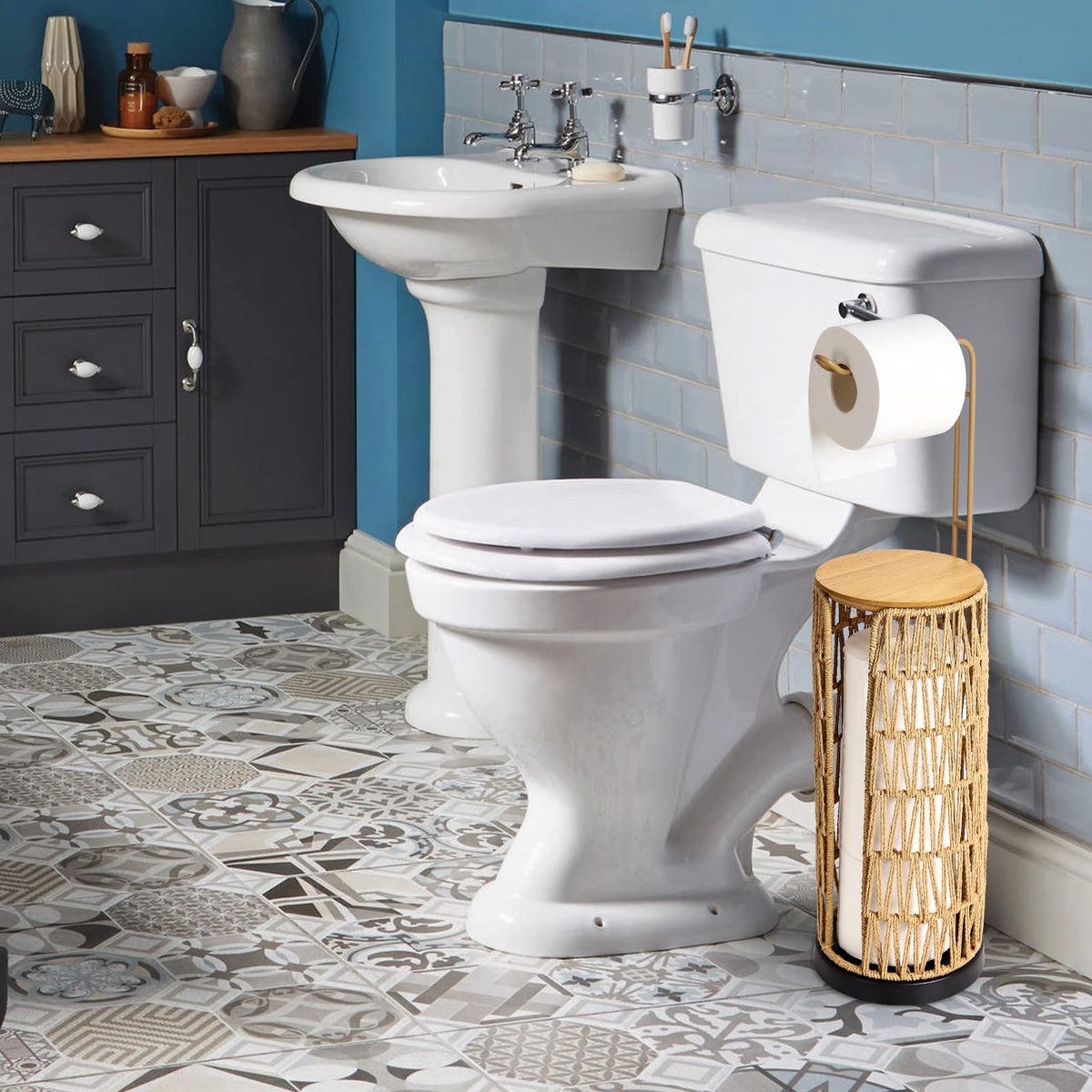 Freestanding Toilet Paper Holder with Storage,3 Rolls of Tissue Holder for Bathroom,Handmade Woven Toilet Paper Roll Holder Stand,Rattan Sturdy Boho Bathroom Decor Farmhouse Toilet Paper Storage